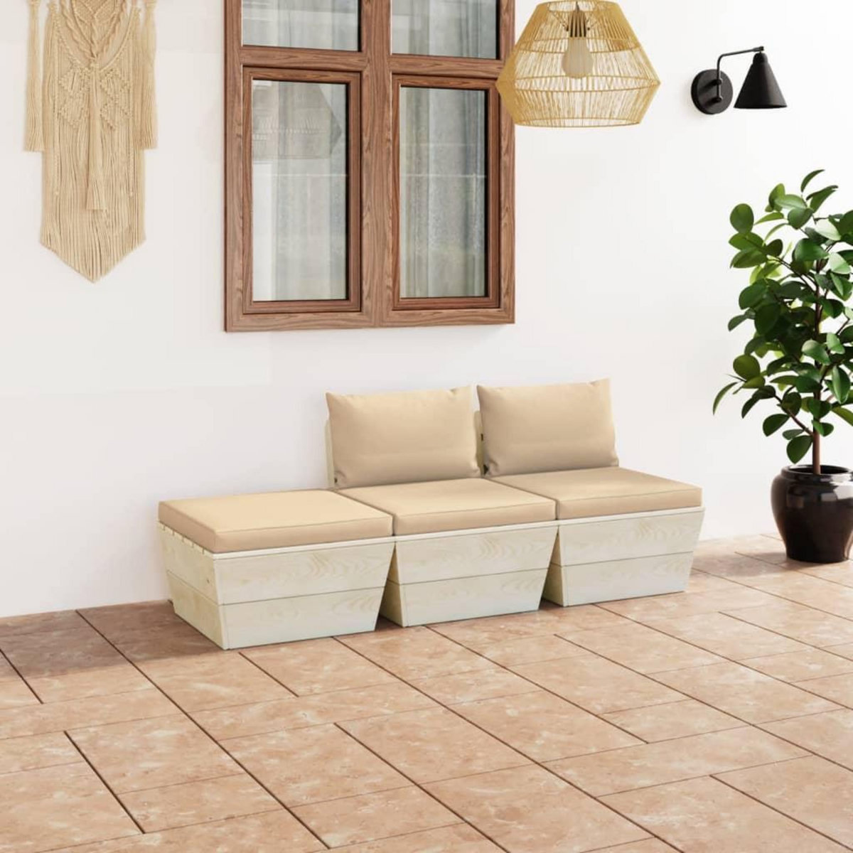 VIDAXL Salon de jardin palette 3 pcs avec coussins bois d'epicea