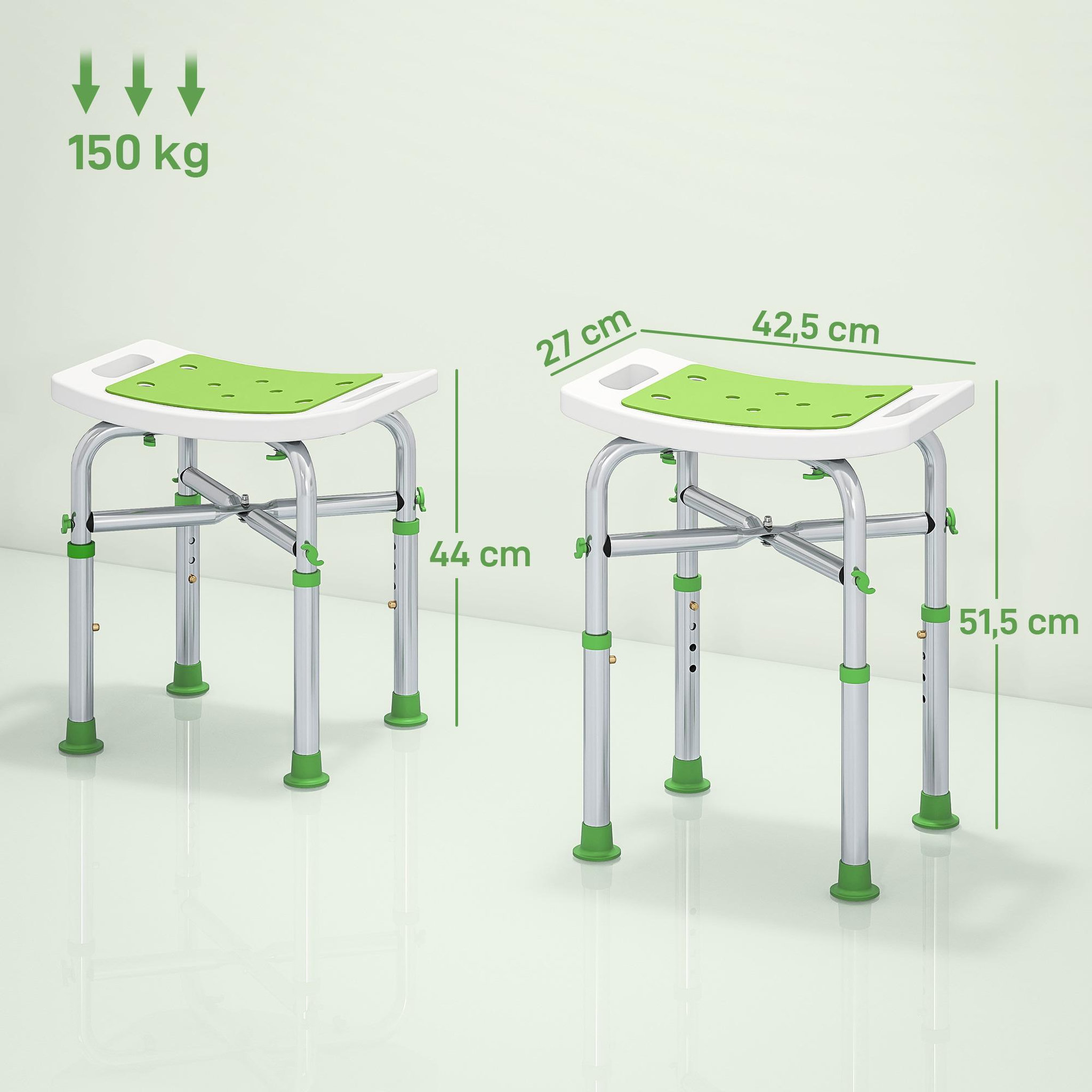 Voir la diapositive 3 : HOMCOM Siège de douche réglable en hauteur tabouret de douche ergonomique pieds antidérapants charge max. 150 kg alu hdpe blanc vert