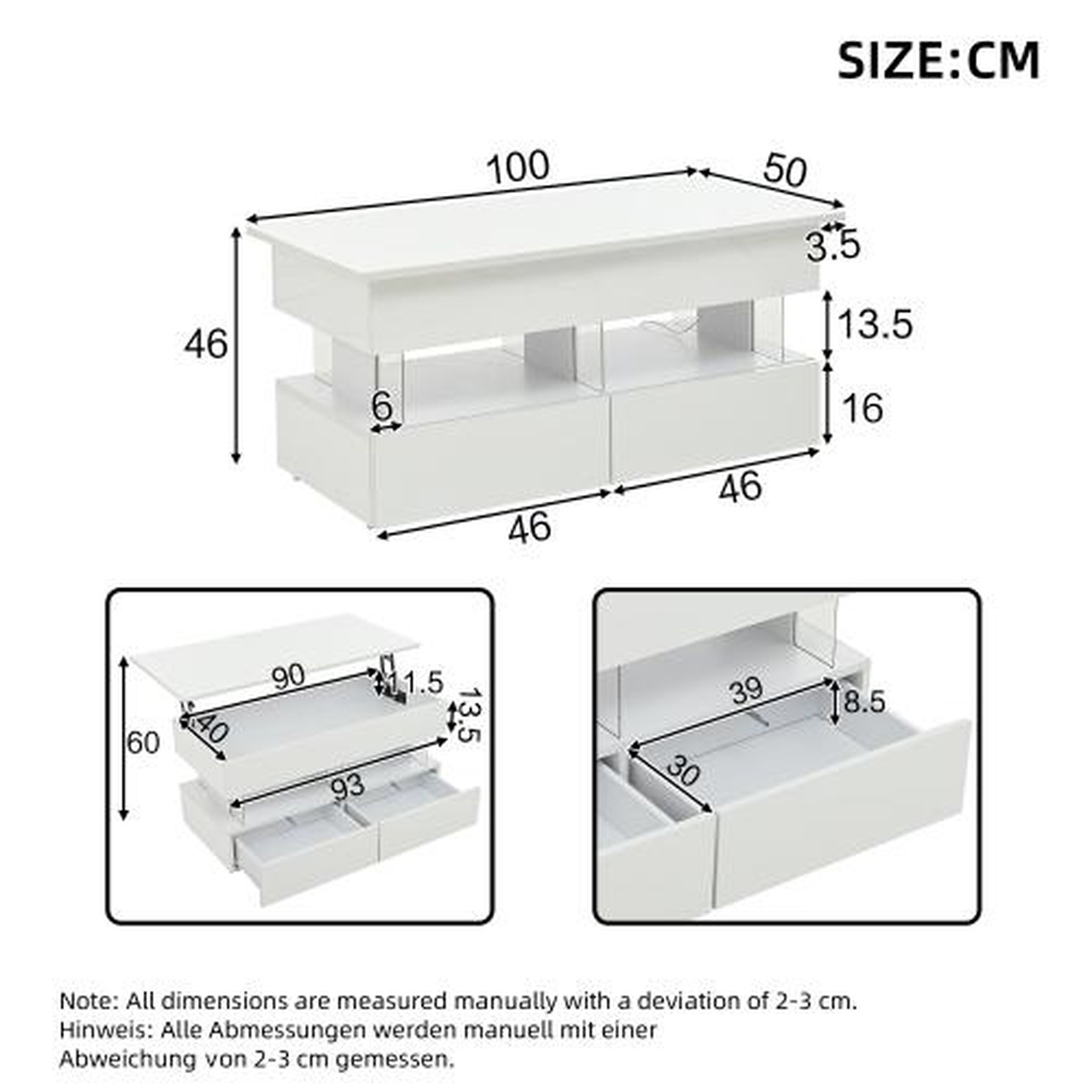 Voir la diapositive 3 : MERAX Table basse relevable rectangulaire blanc - 50x100 cm led mdf