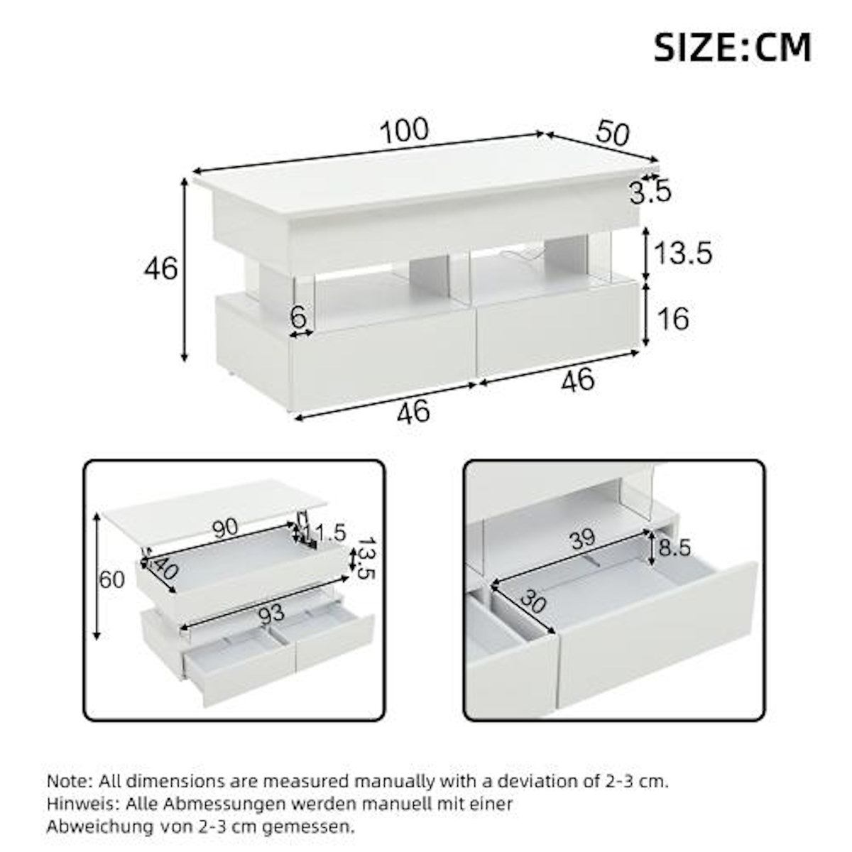 MERAX Table basse relevable rectangulaire blanc - 50x100 cm led mdf