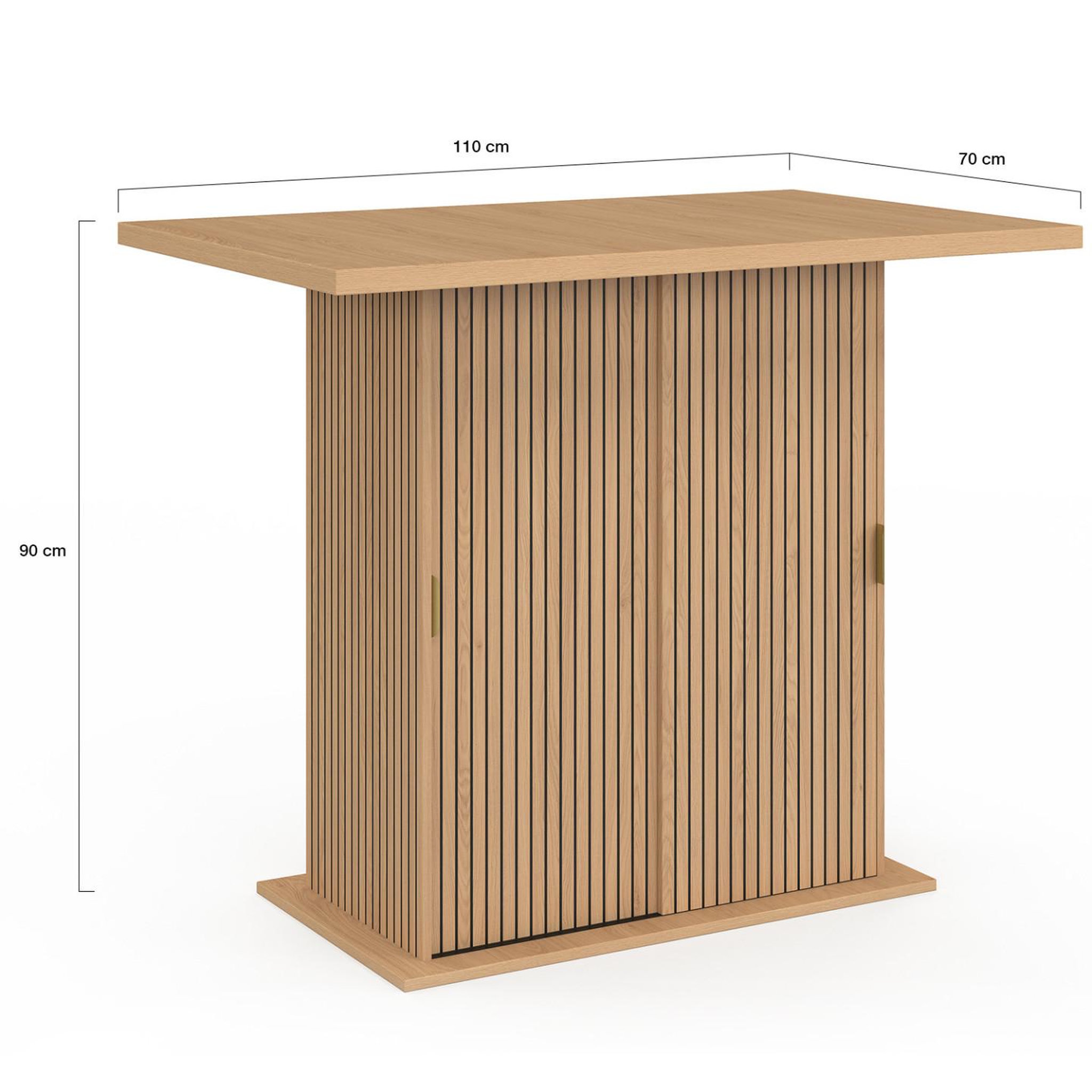 Voir la diapositive 5 : ID MARKET Ilot central 4 personnes juliette 110 cm pied central avec rangement effet lattes tasseau de bois