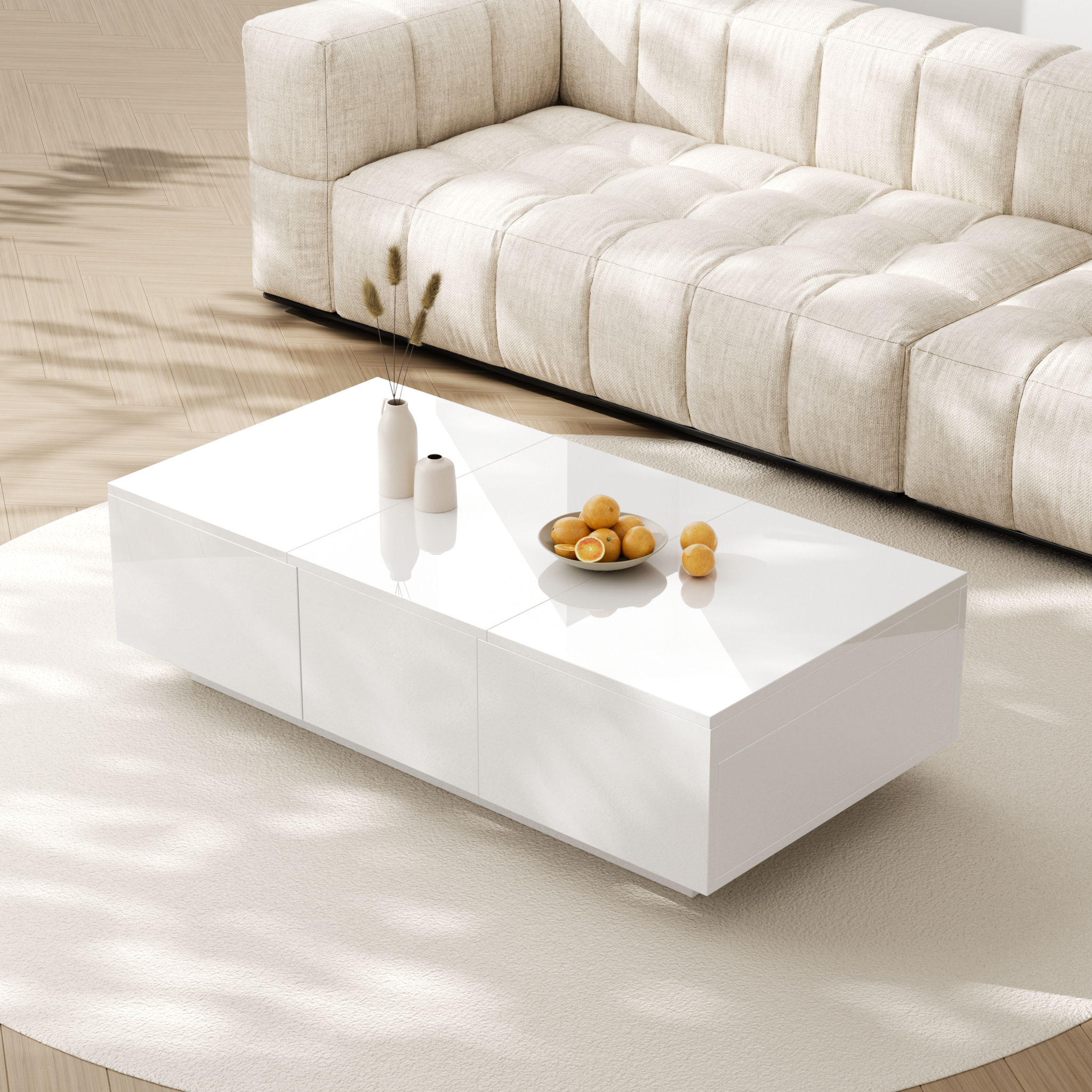 Voir la diapositive 3 : MERAX Table Basse Brillante Avec 2 Tiroirs Et 2 Rangements Push-pull Blanc