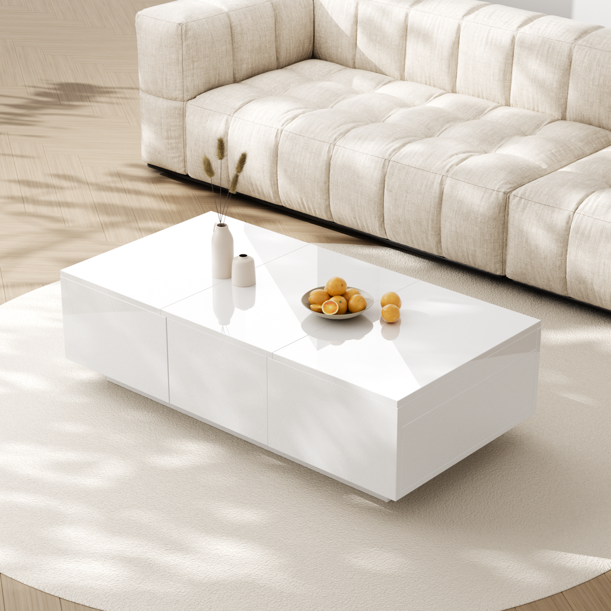 MERAX Table Basse Brillante Avec 2 Tiroirs Et 2 Rangements Push-pull Blanc