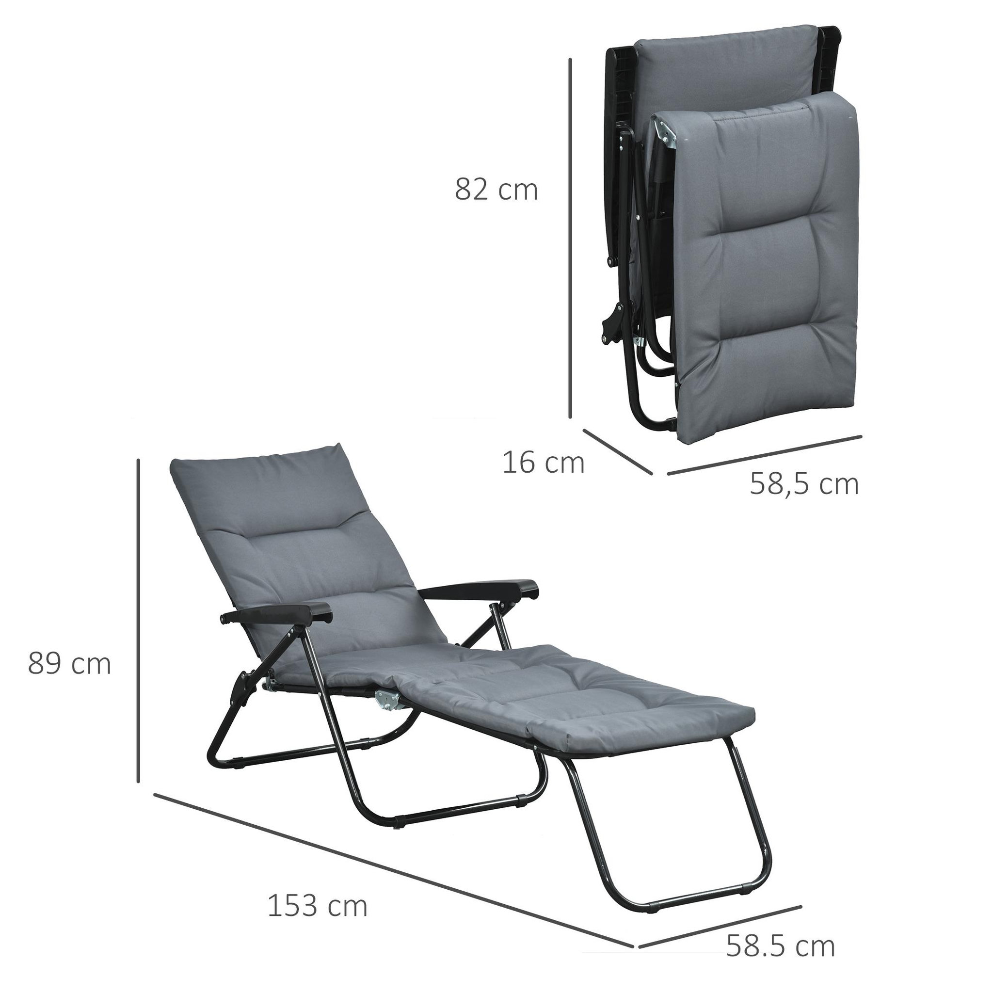 Voir la diapositive 3 : OUTSUNNY Bain de soleil pliable transat inclinable 6 positions grand confort avec matelas + accoudoirs acier polyester gris