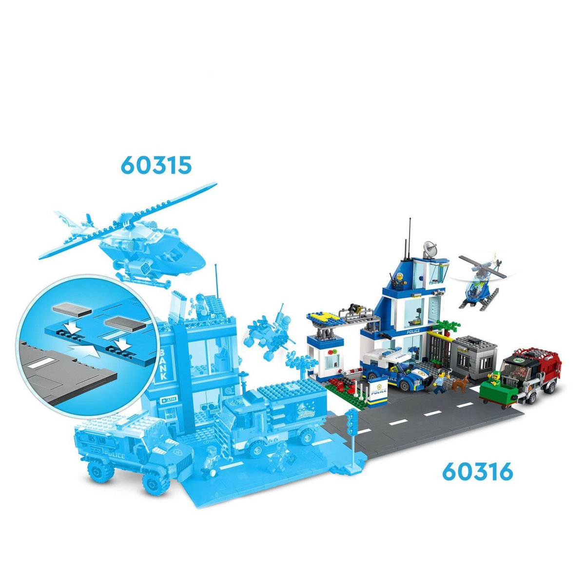 LEGO City 60316 Le Commissariat de Police, Set avec Jouets Camion de Poubelle et Hélicoptère