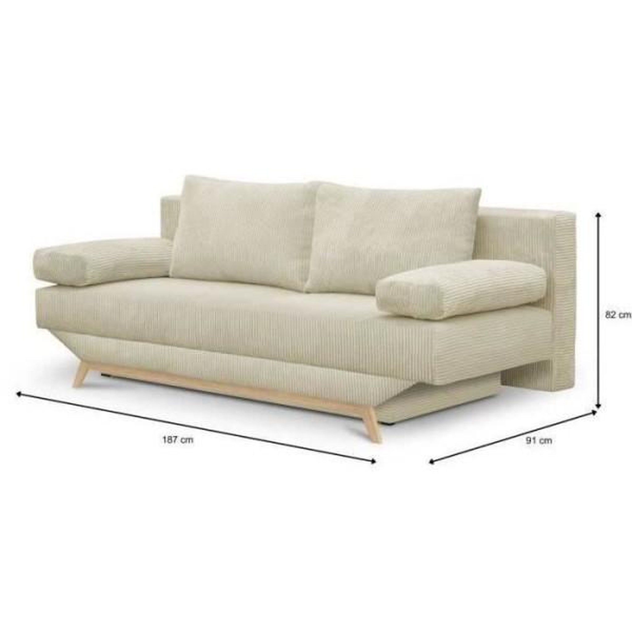 Voir la diapositive 5 : MARKET24 Banquette convertible 3 places - Coffre de rangement - Tissu velours côtelé beige - L 190 x H 92 x P 84 cm - TEIJO