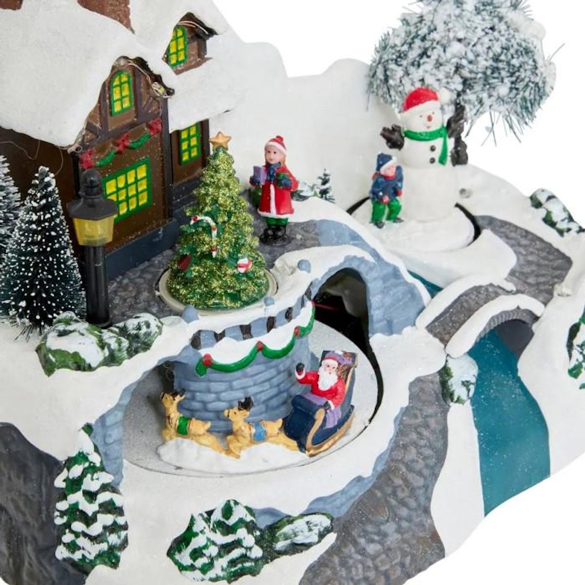 FEERIC LIGHT & CHRISTMAS Village de Noel enneigé avec le Père Noel - Hauteur 23,8 cm - Marron, blanc et bleu