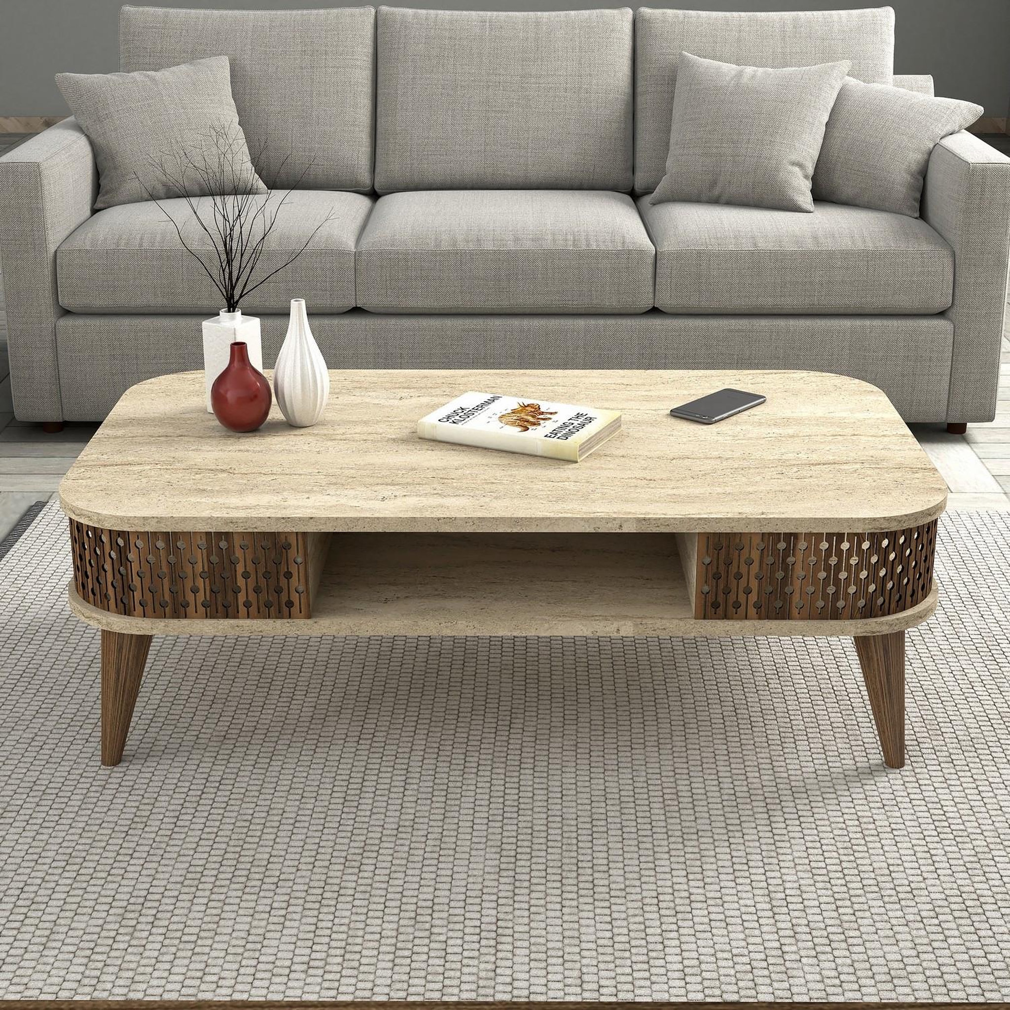 Voir la diapositive 3 : Habitat et Jardin Table basse en bois  eylul  - 105 x 60 x 35 cm - travertin