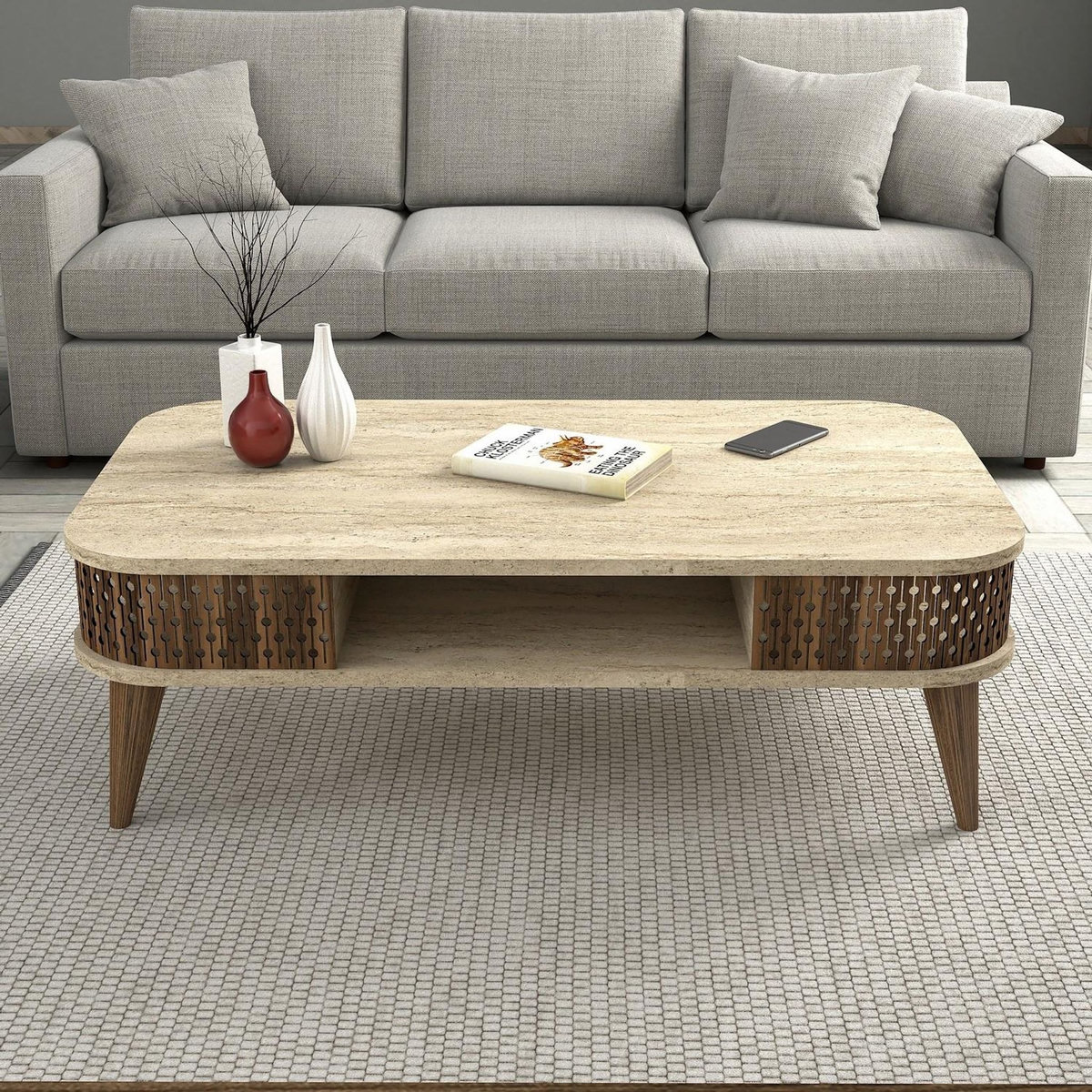 Habitat et Jardin Table basse en bois  Eylul  - 105 x 60 x 35 cm - Travertin
