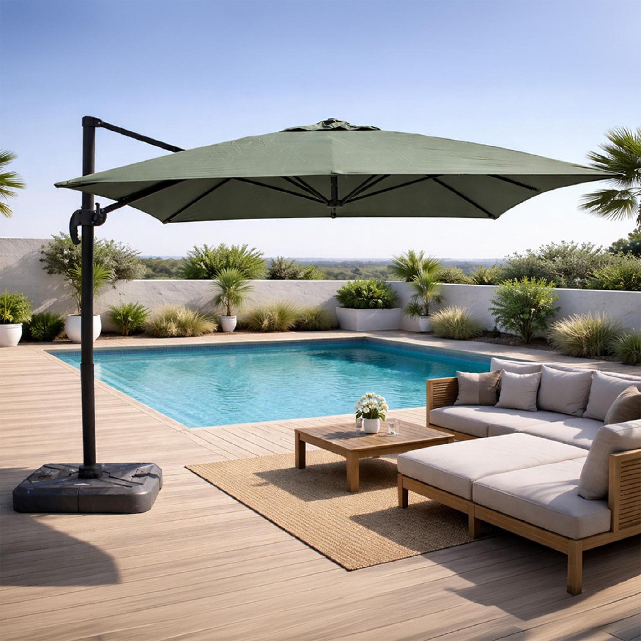 Voir la diapositive 2 : CONCEPT USINE Parasol rectangulaire 3x4m déporté rotatif vert en aluminium CESARE