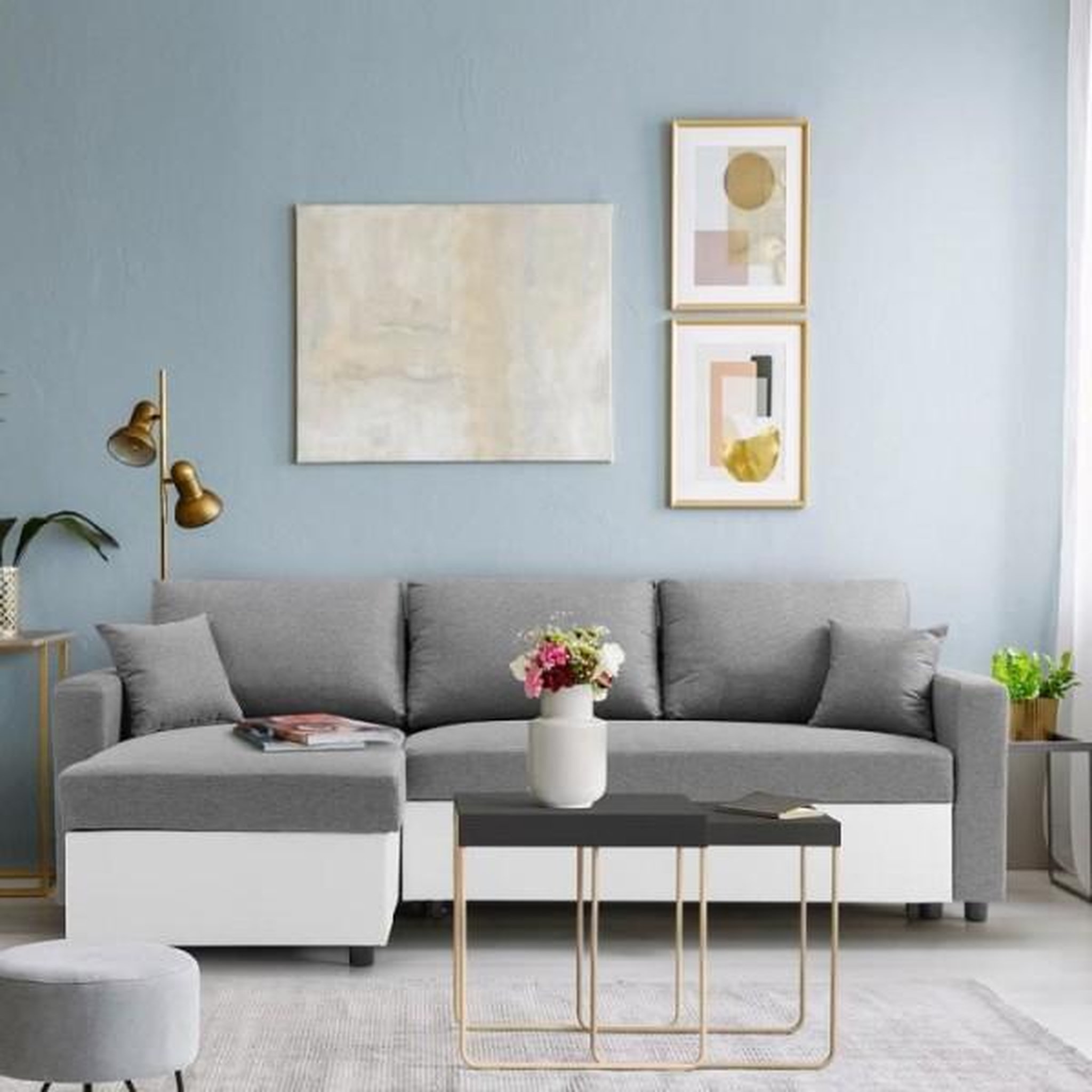 Voir la diapositive 2 : MARKET24 Canapé d'angle réversible convertible grand couchage + coffre - Tissu Blanc et gris - L 228 x P 148 x H 86 cm - OWENS