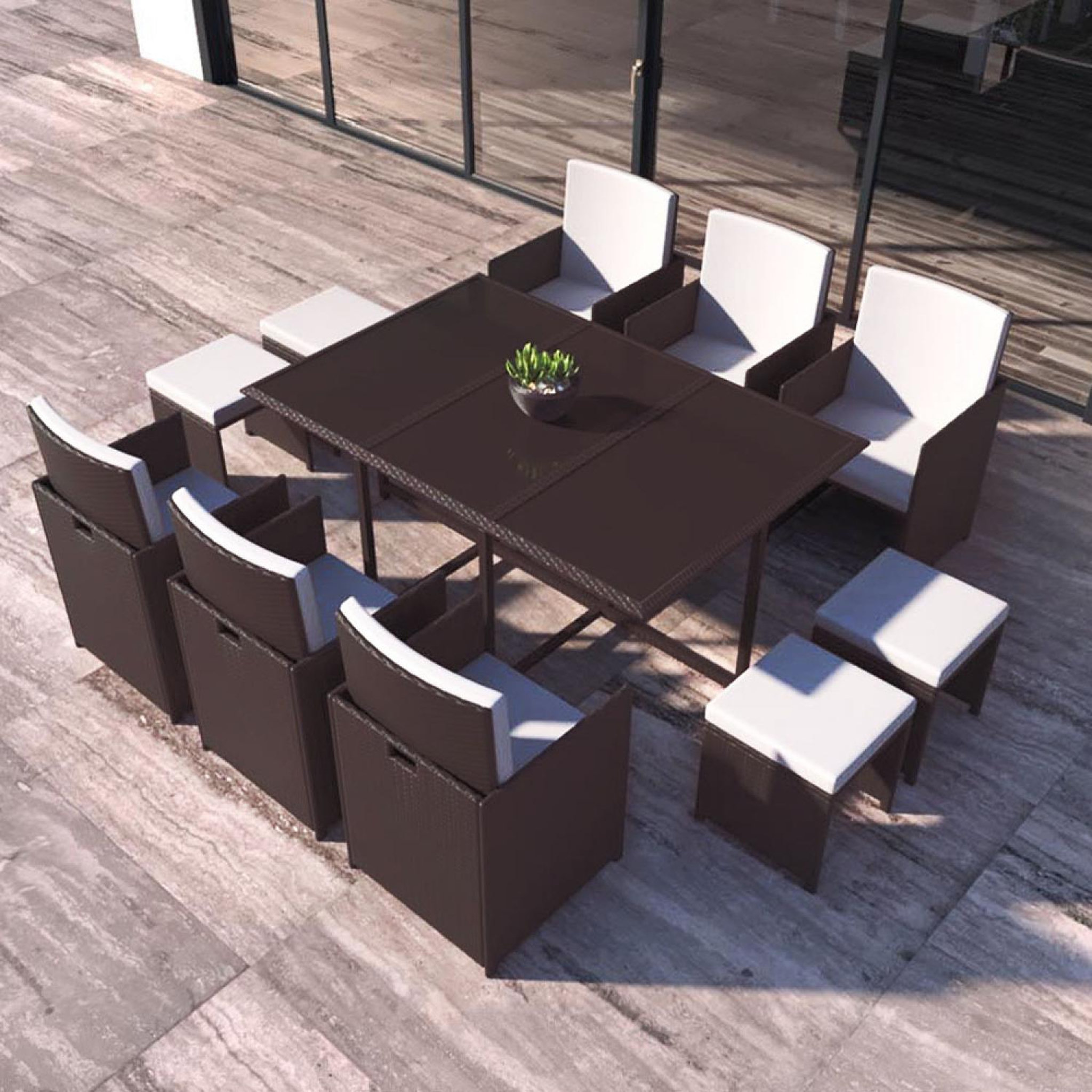 Voir la diapositive 2 : CONCEPT USINE Salon de jardin encastrable marron-blanc 10 places florida