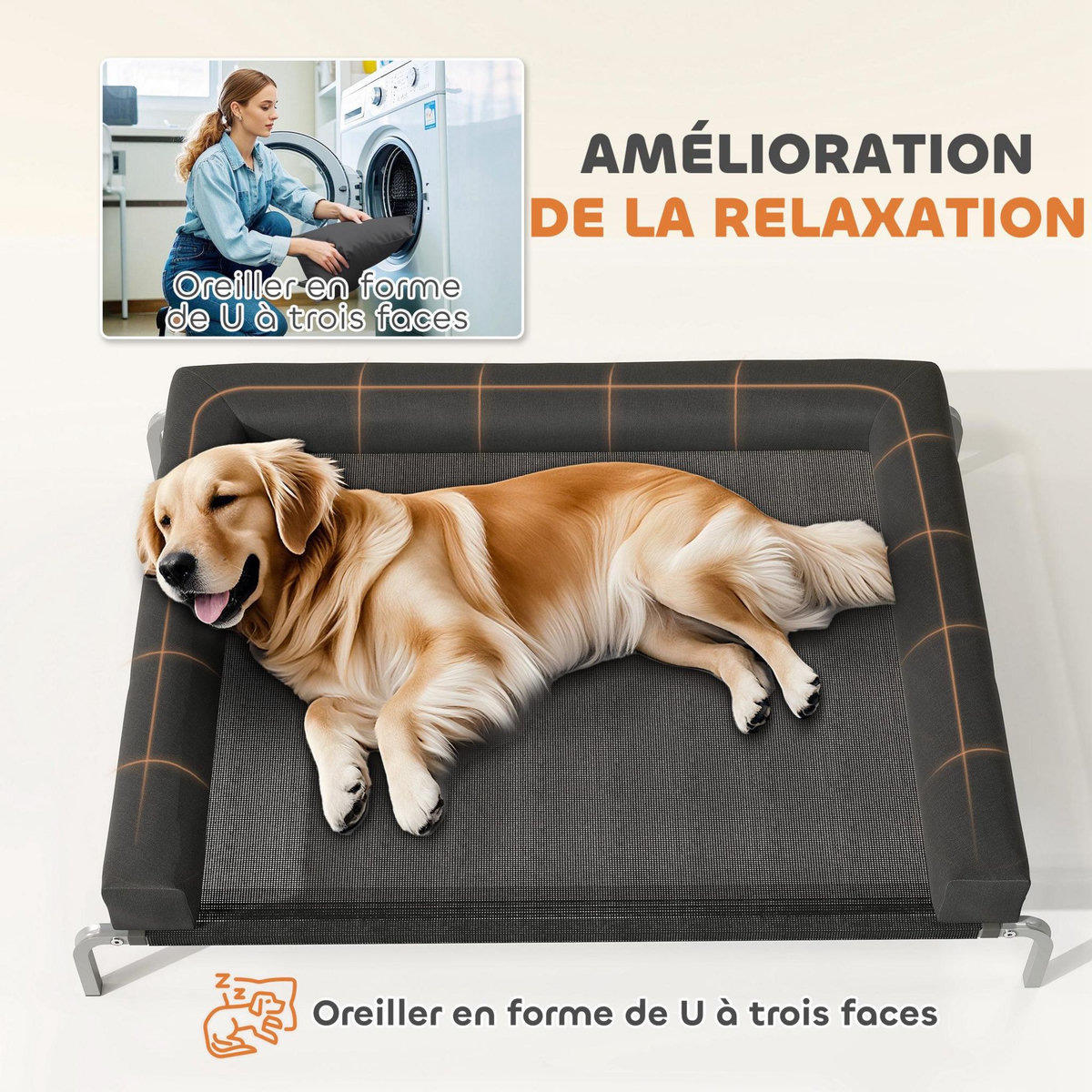 PAWHUT Transat pour animaux - lit pour chien - lit à pieds pour chien avec contour coussin dim. 130 x 90 x 30 cm - noir