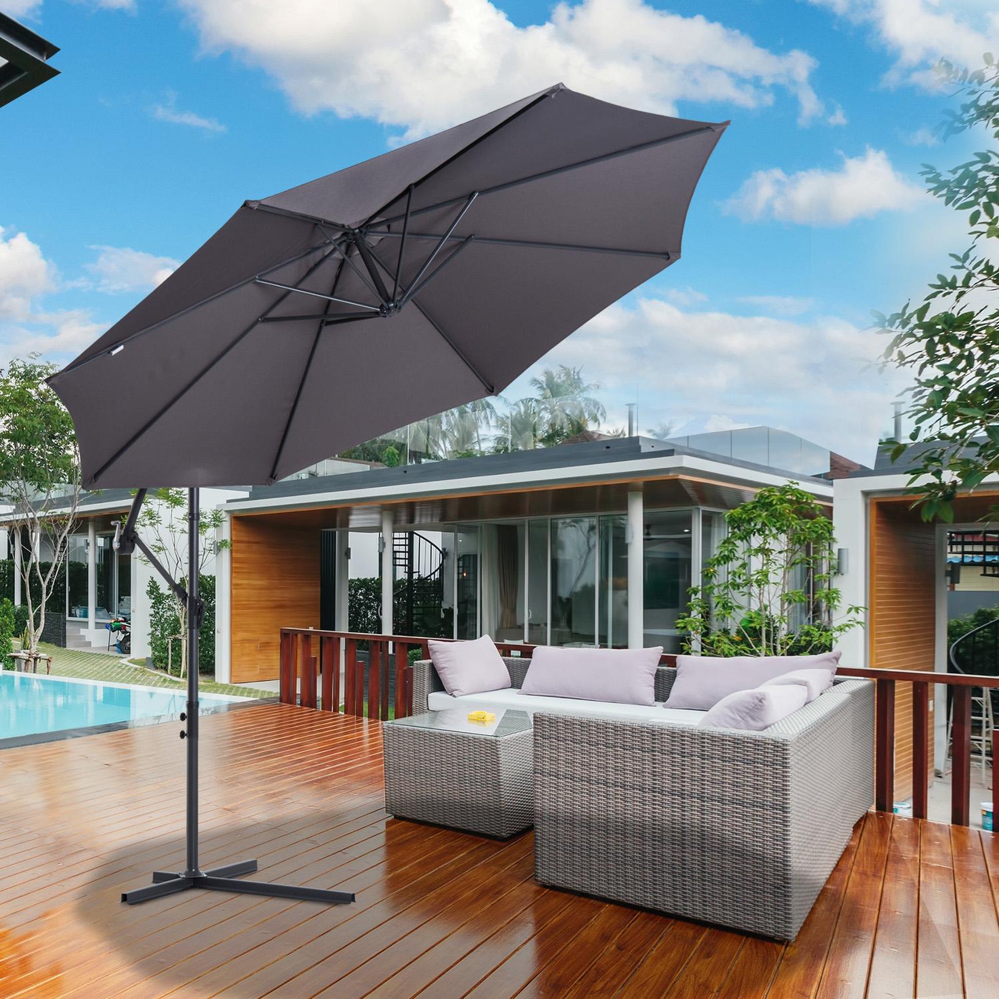 Voir la diapositive 2 : OUTSUNNY Parasol déporté octogonal inclinable manivelle pied acier Ø 3 x 2,5H m gris