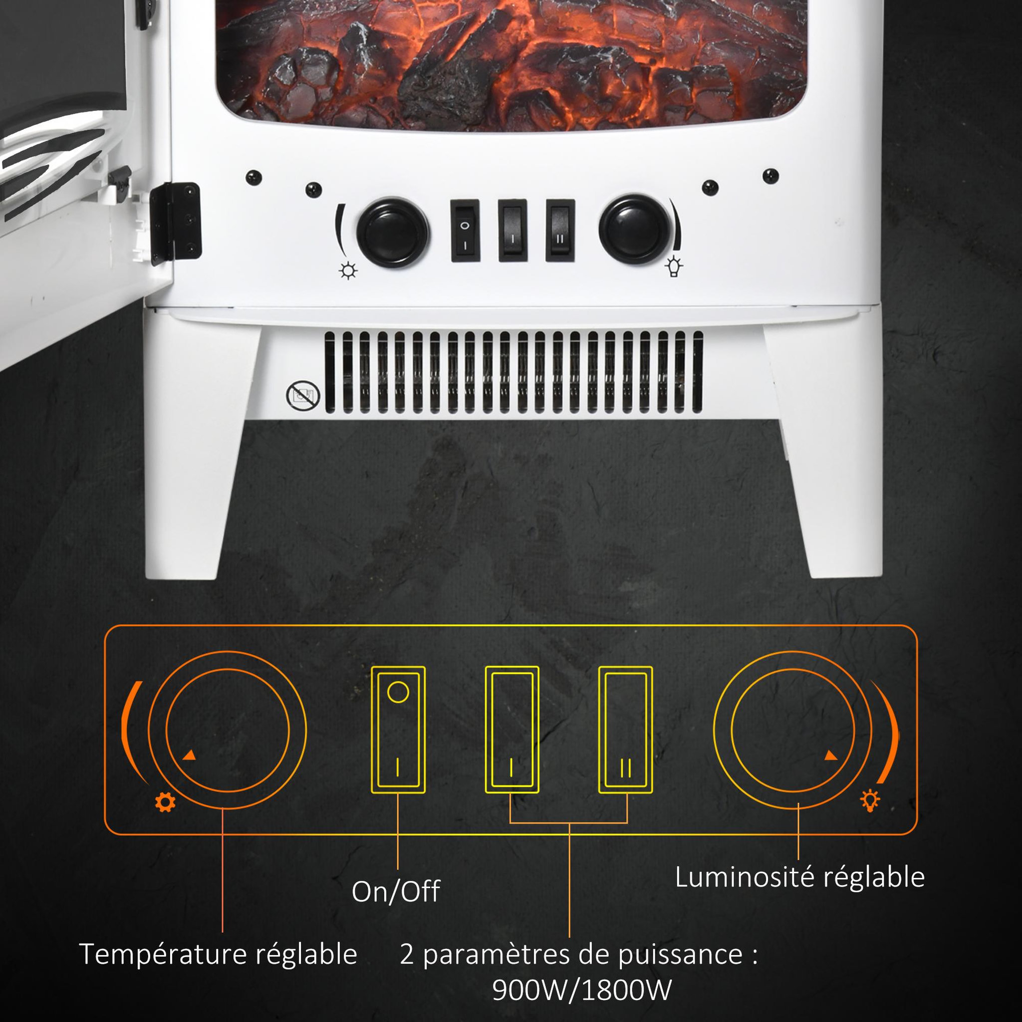 Voir la diapositive 6 : HOMCOM Cheminée électrique poêle style néo-rétro 1000-2000 W simulation flammes LED luminosité réglable acier ABS blanc