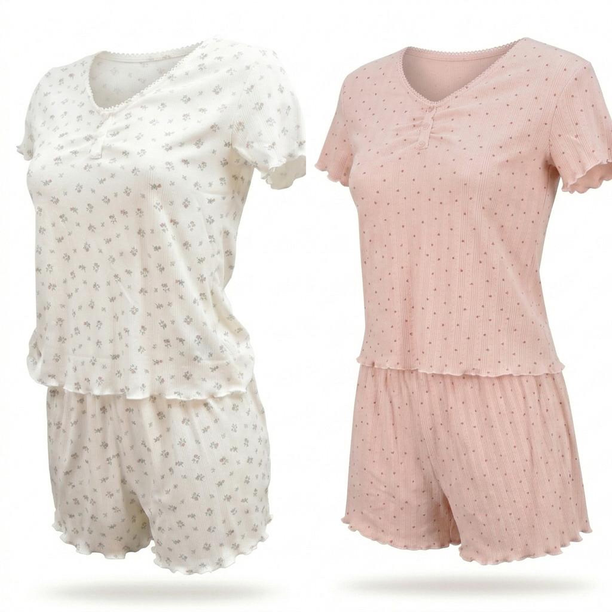OZABI OZABI Pack 2 Pyjamas Femme, Col V Boutonné, Short Froufrou, Fleuri et Coeurs. Coloris disponibles : Multicolore