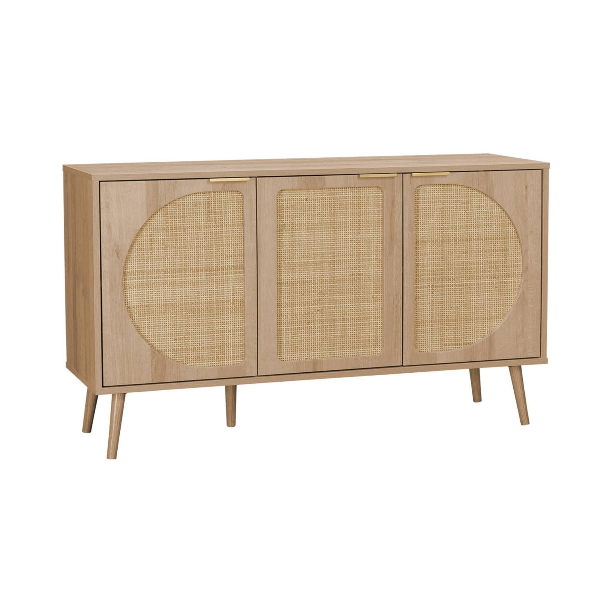 Voir la diapositive 1 : SWEEEK Buffet de rangement. Eva. cannage arrondis et décor bois. trois portes. deux niveaux . buffet bas. L 120 x l39 x H70cm