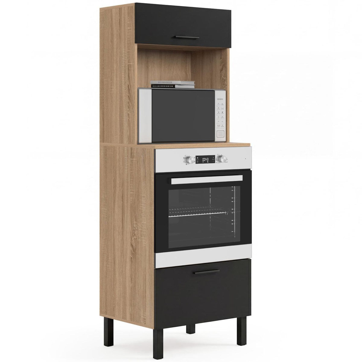 ID MARKET Armoire colonne de cuisine four/micro-ondes 60 cm CINA 2 portes noir et façon hêtre