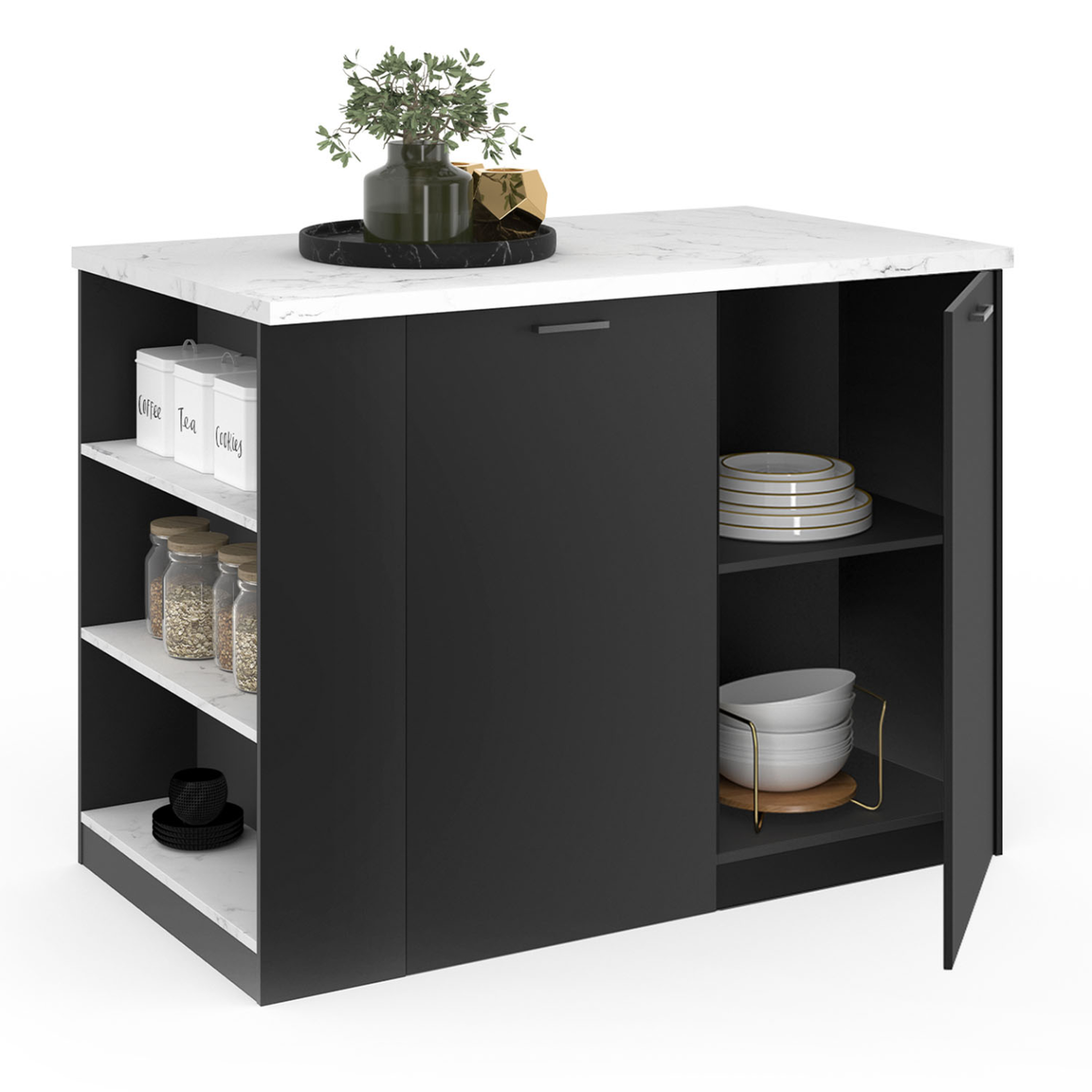 ID MARKET Ilot central tibo 120 cm bois noir avec plan de travail effet marbre alaska
