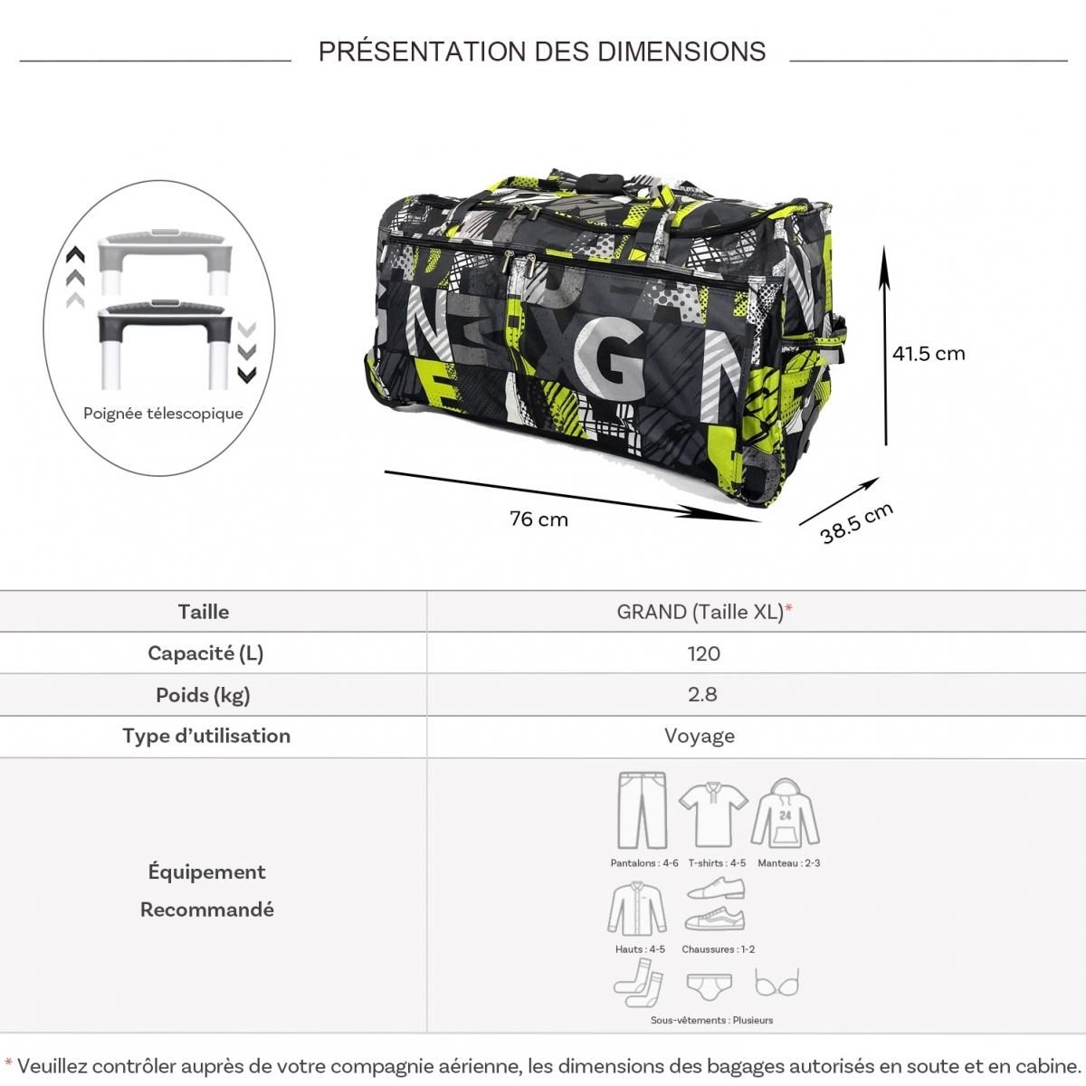 David Jones Sac de voyage avec roulettes 120L grand volume 76cm