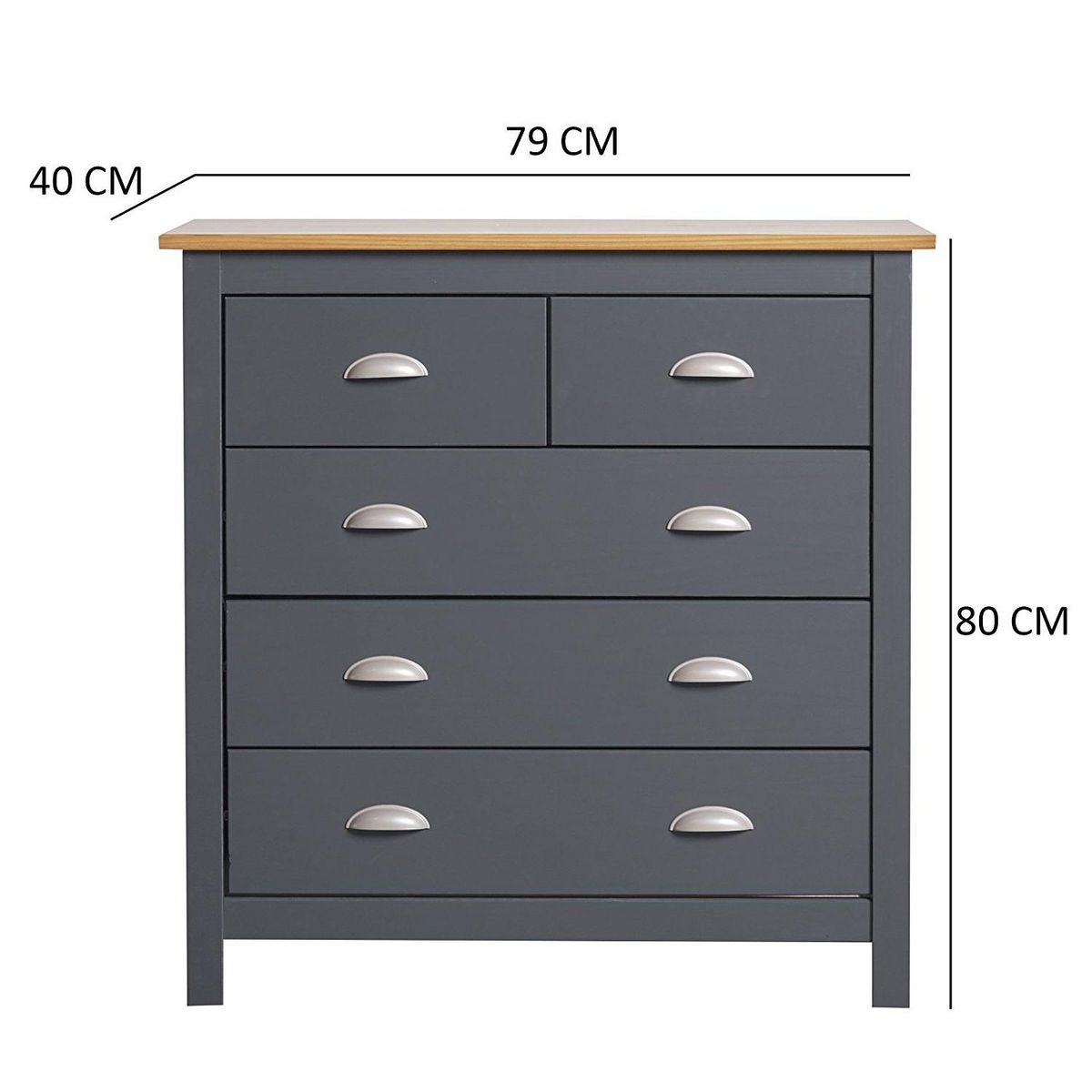 VS VENTA-STOCK Commode 5 tiroirs Jade dans les tiroirs Anthracite, 79 cm Longueur