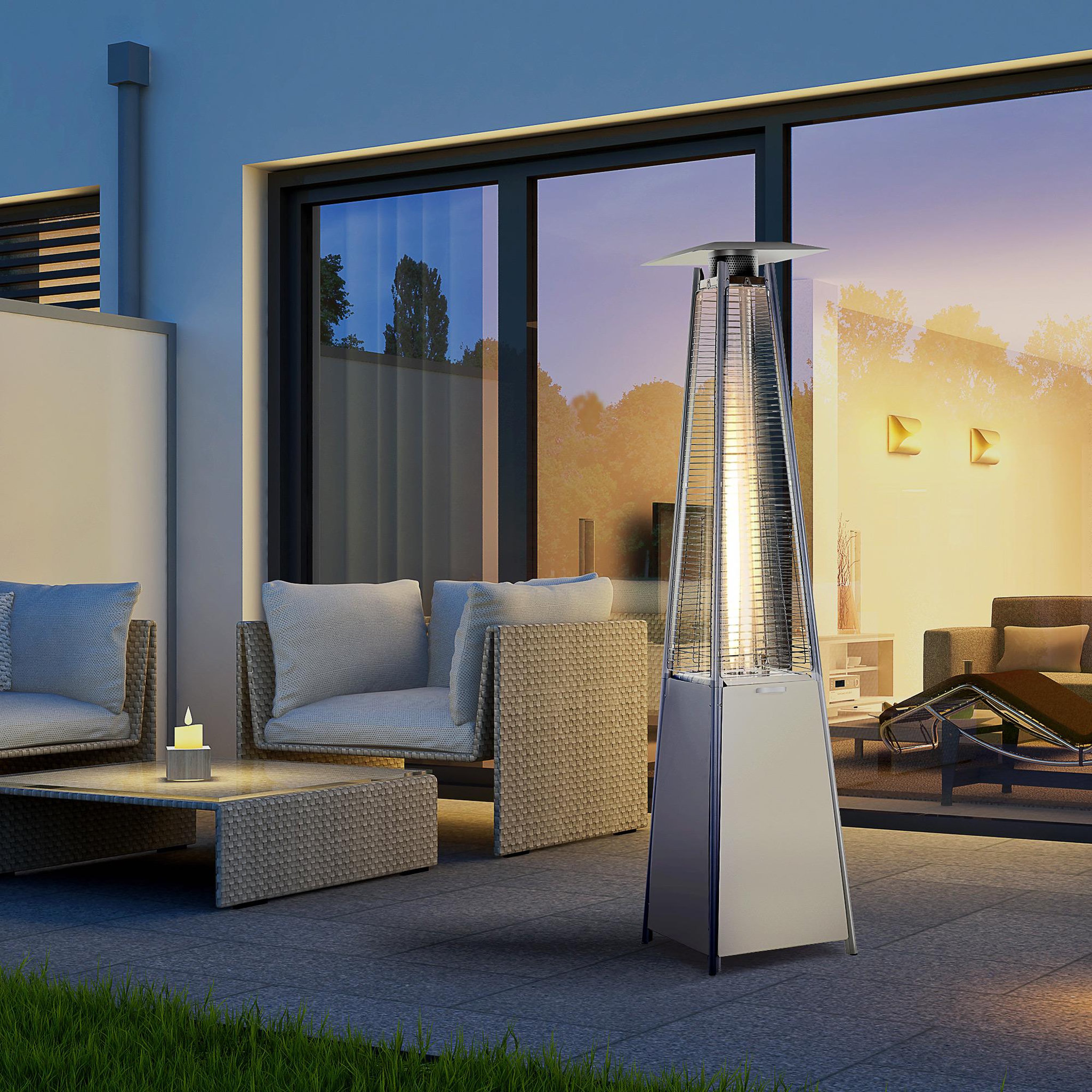 Voir la diapositive 2 : OUTSUNNY Outsunny Parasol chauffant pyramide 10,5 kW - chauffage d'extérieur gaz - chauffage de terrasse - double sécurité - puissance réglable - roulettes, housse incluse - acier inox. gris métal