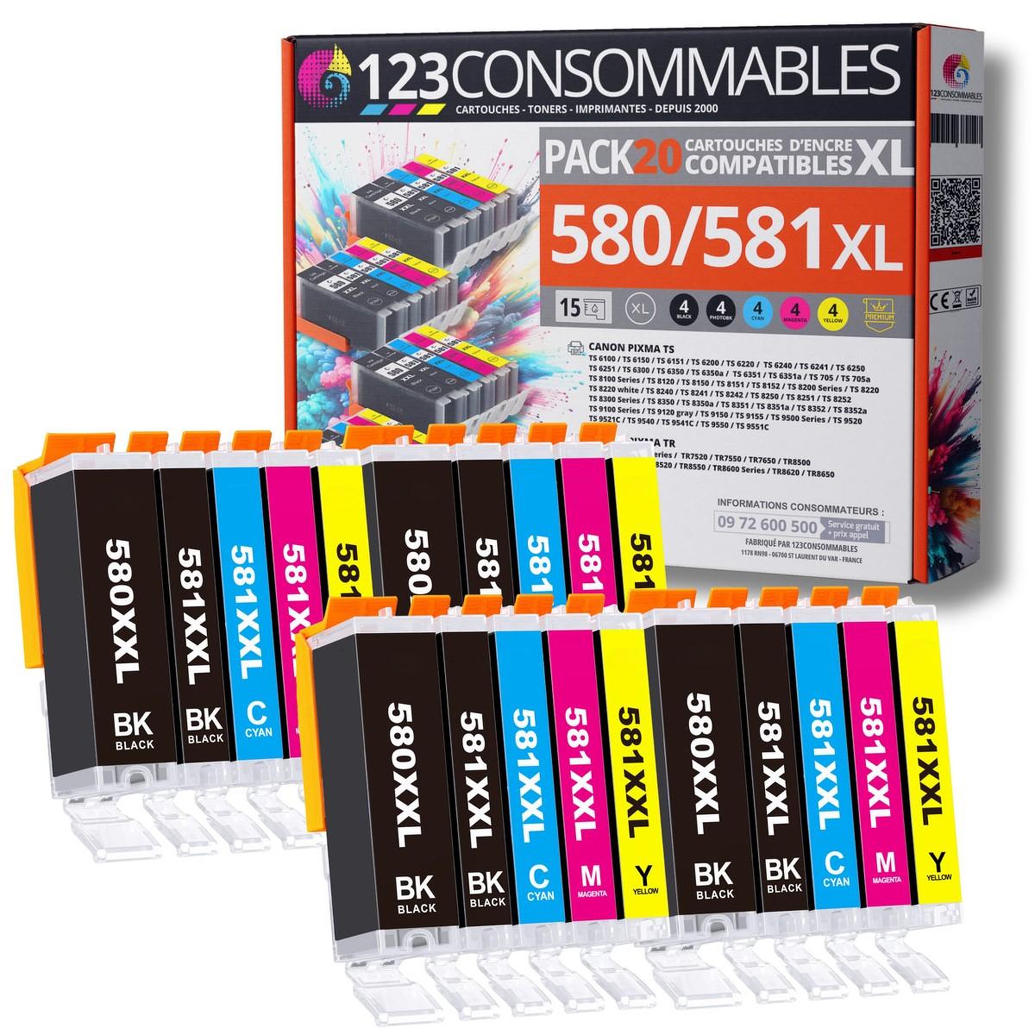 123CONSOMMABLES Pack 20 Cartouches compatibles CANON PGI-580 CLI-581 XL