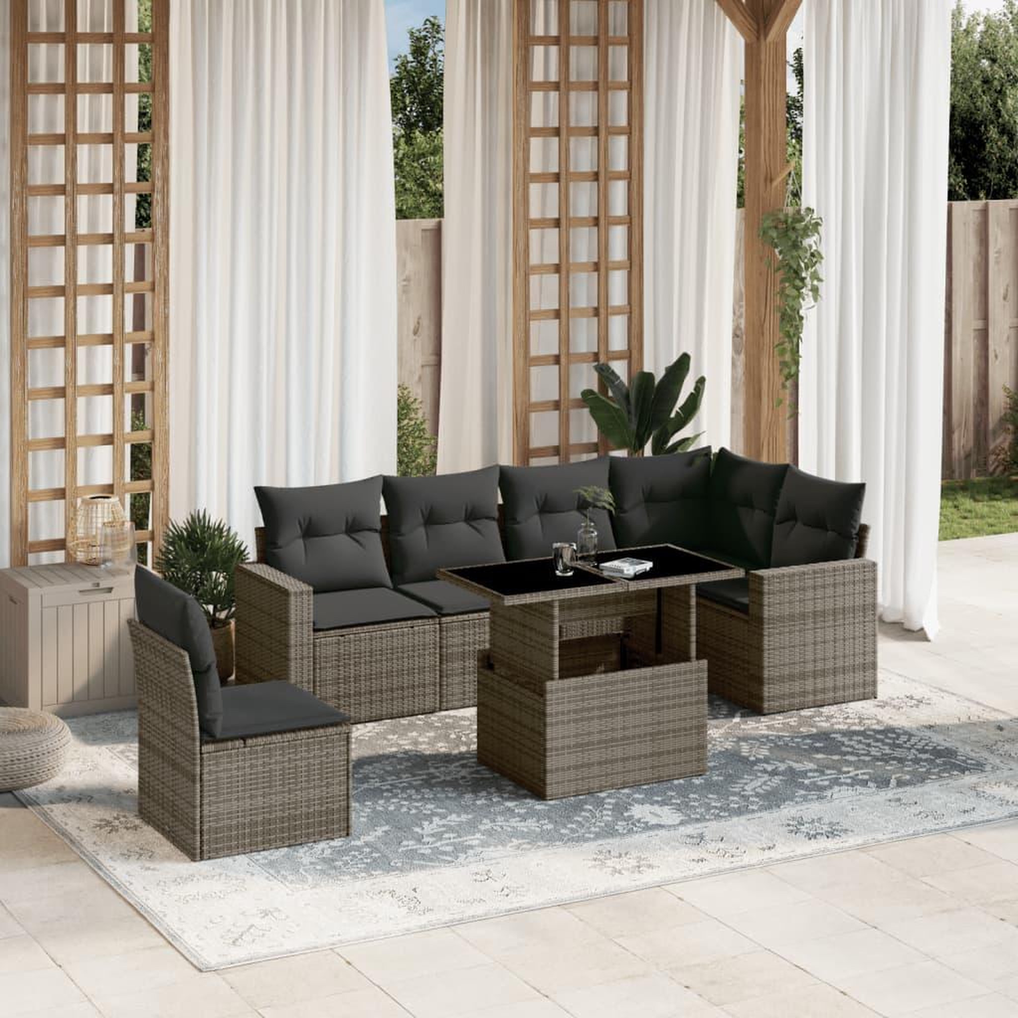 VIDAXL Salon de jardin avec coussins 7 pcs gris resine tressee
