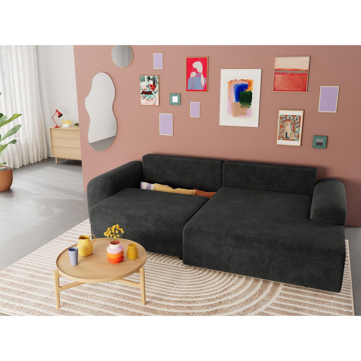 BEST MOBILIER Rebecca - canapé d'angle droit 4 places convertible avec coffre en velours texturé