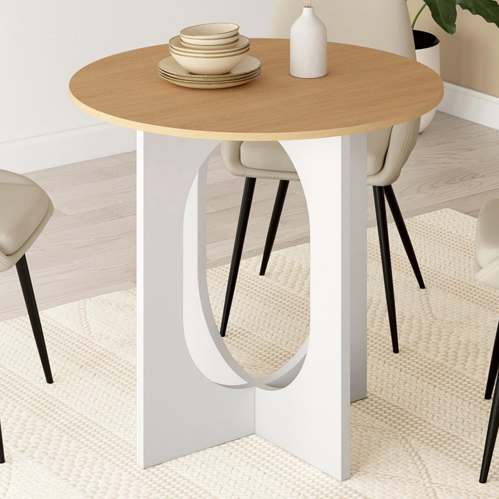 Voir la diapositive 2 : ID MARKET Table à manger fixe ronde aloise 4 personnes pied arc blanc et bois 80 cm