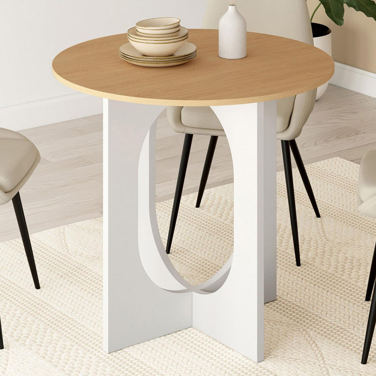 ID MARKET Table à manger fixe ronde ALOISE 4 personnes pied arc blanc et bois 80 cm
