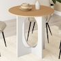 Voir la diapositive 2 : ID MARKET Table à manger fixe ronde ALOISE 4 personnes pied arc blanc et bois 80 cm