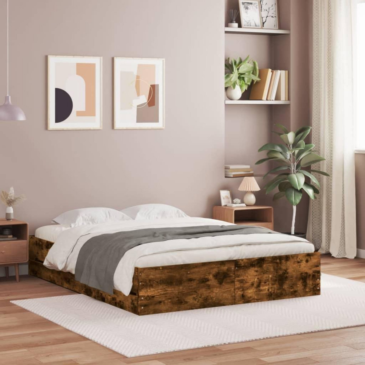 VIDAXL Cadre de lit avec tiroirs sans matelas chene fume 150x200 cm