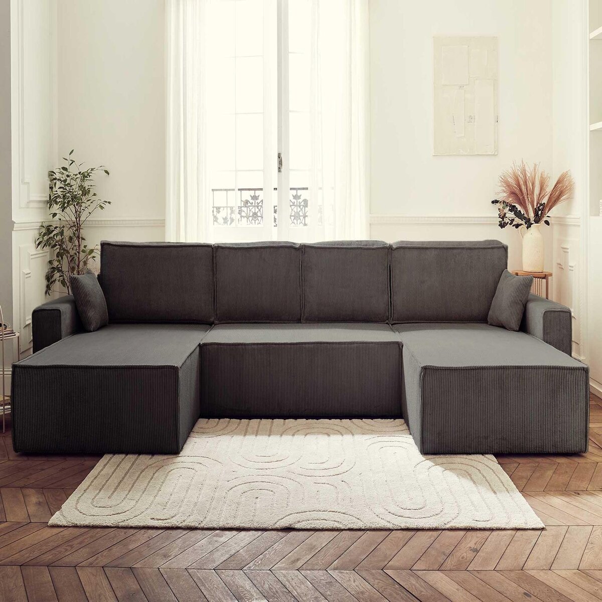 BEST MOBILIER Dellia - canapé panoramique en u - 7 places - convertible - avec coffre - en velours côtelé