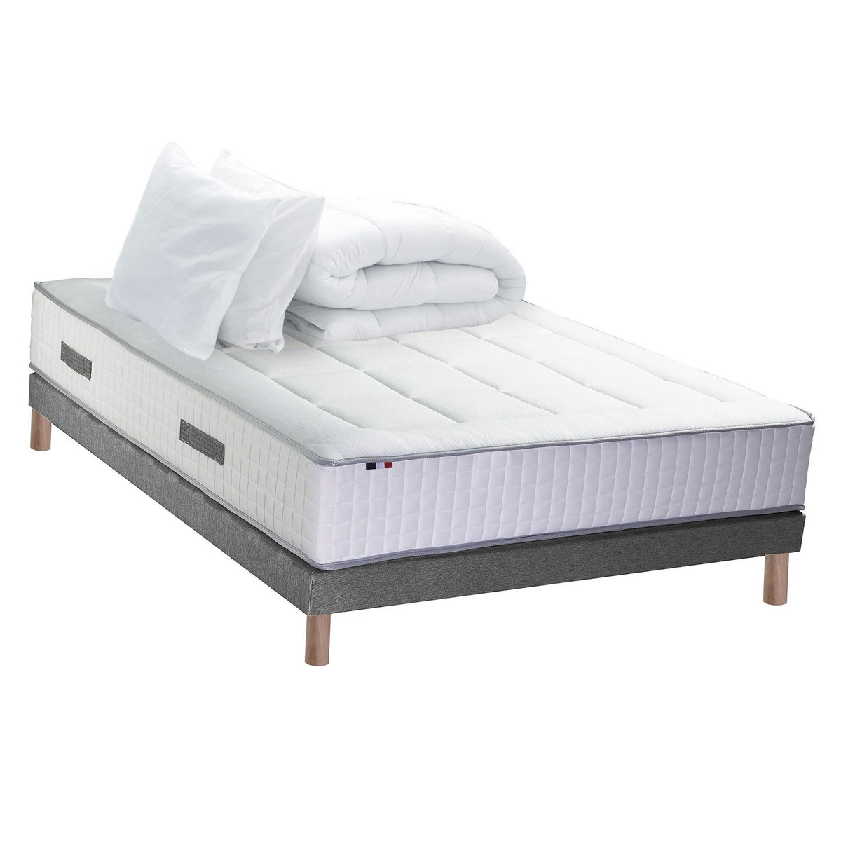 IDLITERIE Pack matelas ressorts 7 zones PALACIO + sommier en kit gris + couette et oreillers 140 x 190 cm