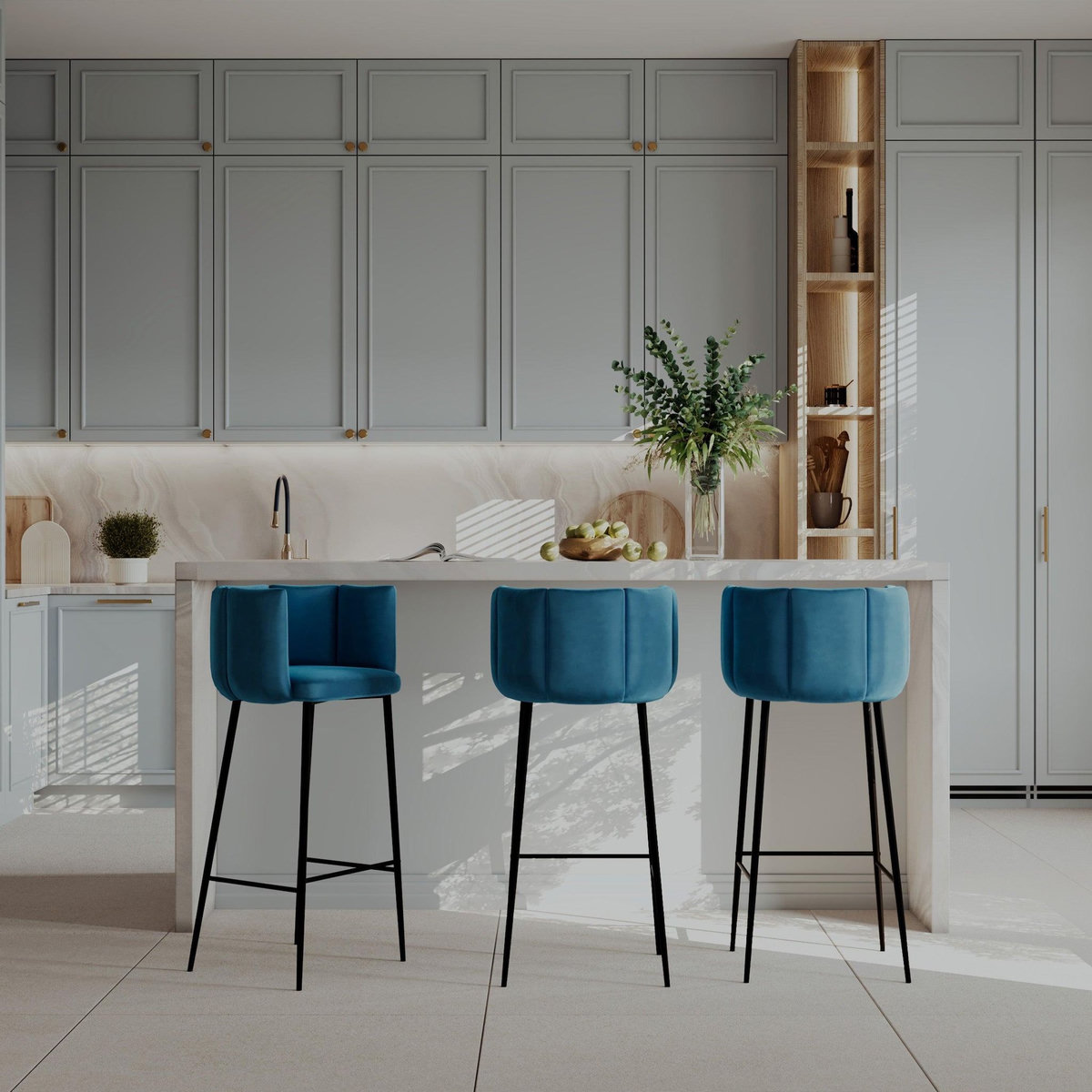 Rendez vous déco Lot de 2 chaises de bar en velours bleu 75 cm-Rosy