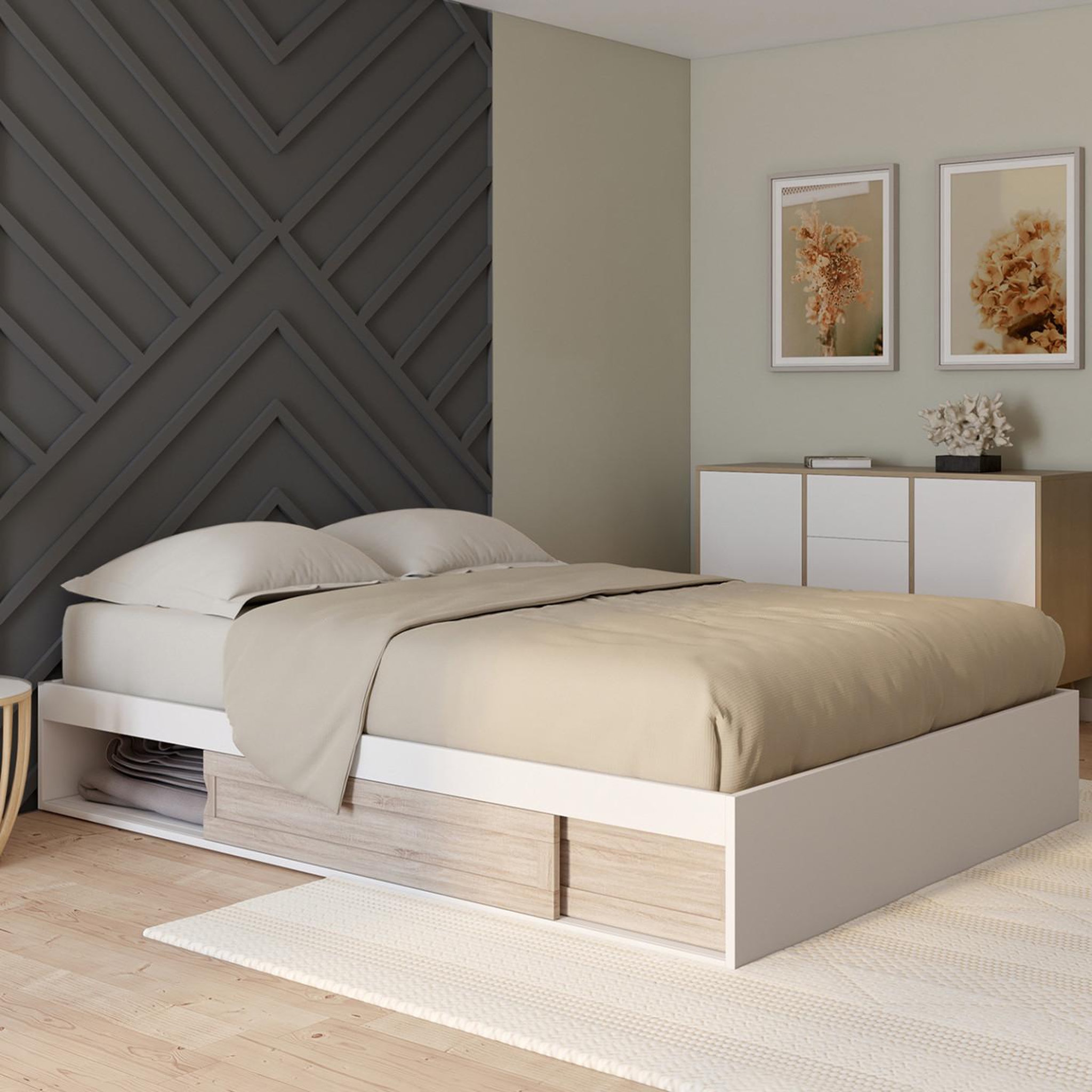 Voir la diapositive 2 : ID MARKET Cadre de lit double salem avec rangements et sommier 140 x 190 cm blanc et façon hêtre