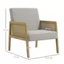 HOMCOM Fauteuil lounge - 2 coussins inclus - assise profonde - accoudoirs - structure bois hévéa rotin - tissu gris