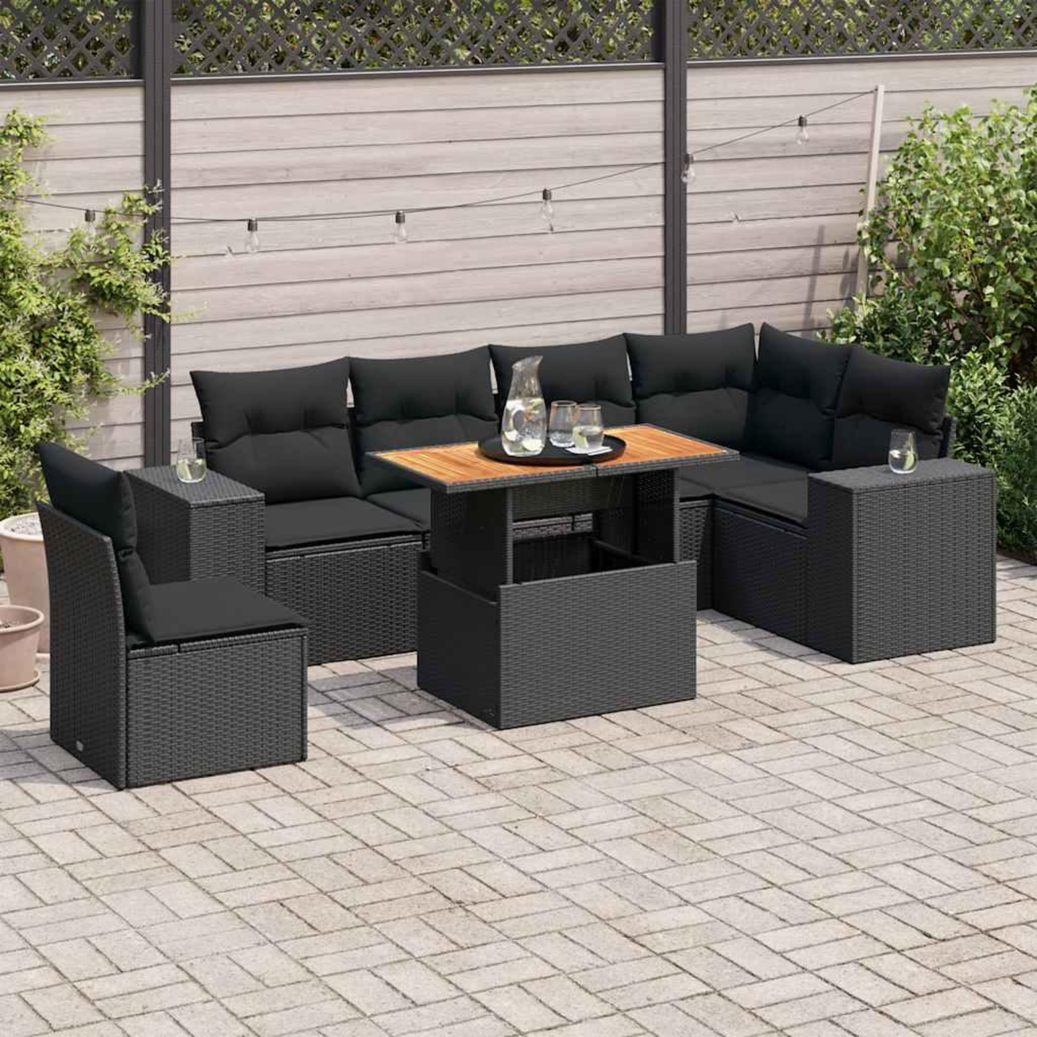 VIDAXL Salon de jardin 7 pcs avec coussins noir resine tressee
