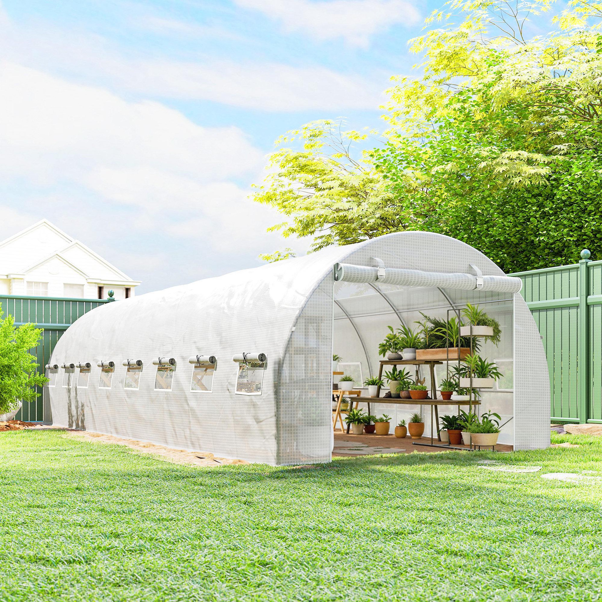 Voir la diapositive 2 : OUTSUNNY Serre tunnel 24m² dim. 8l x 3l x 2h m - 16 fenêtres, porte zippée - acier galvanisé pe haute densité blanc