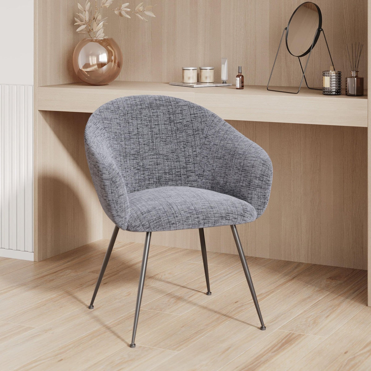 MAISON PAVANE Fauteuil en tissu gris chiné et pieds en métal noir-Socky