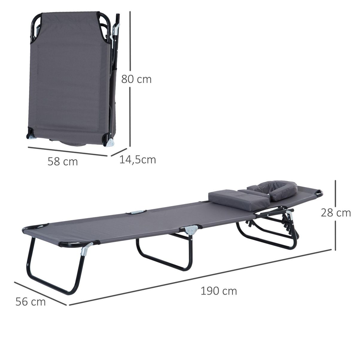 OUTSUNNY Bain de soleil pliable transat inclinable 4 positions chaise longue de lecture 3 coussins fournis gris