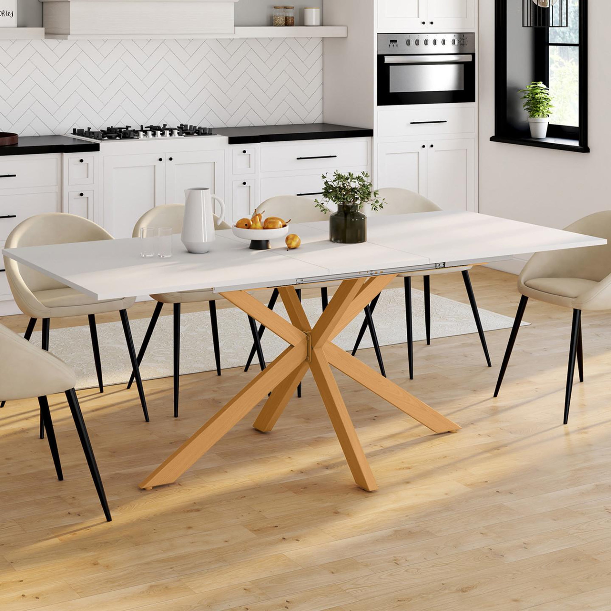 Voir la diapositive 2 : ID MARKET Table à manger extensible rectangle alix 6-10 personnes pied araignée bois et plateau blanc gisele 160-200 cm