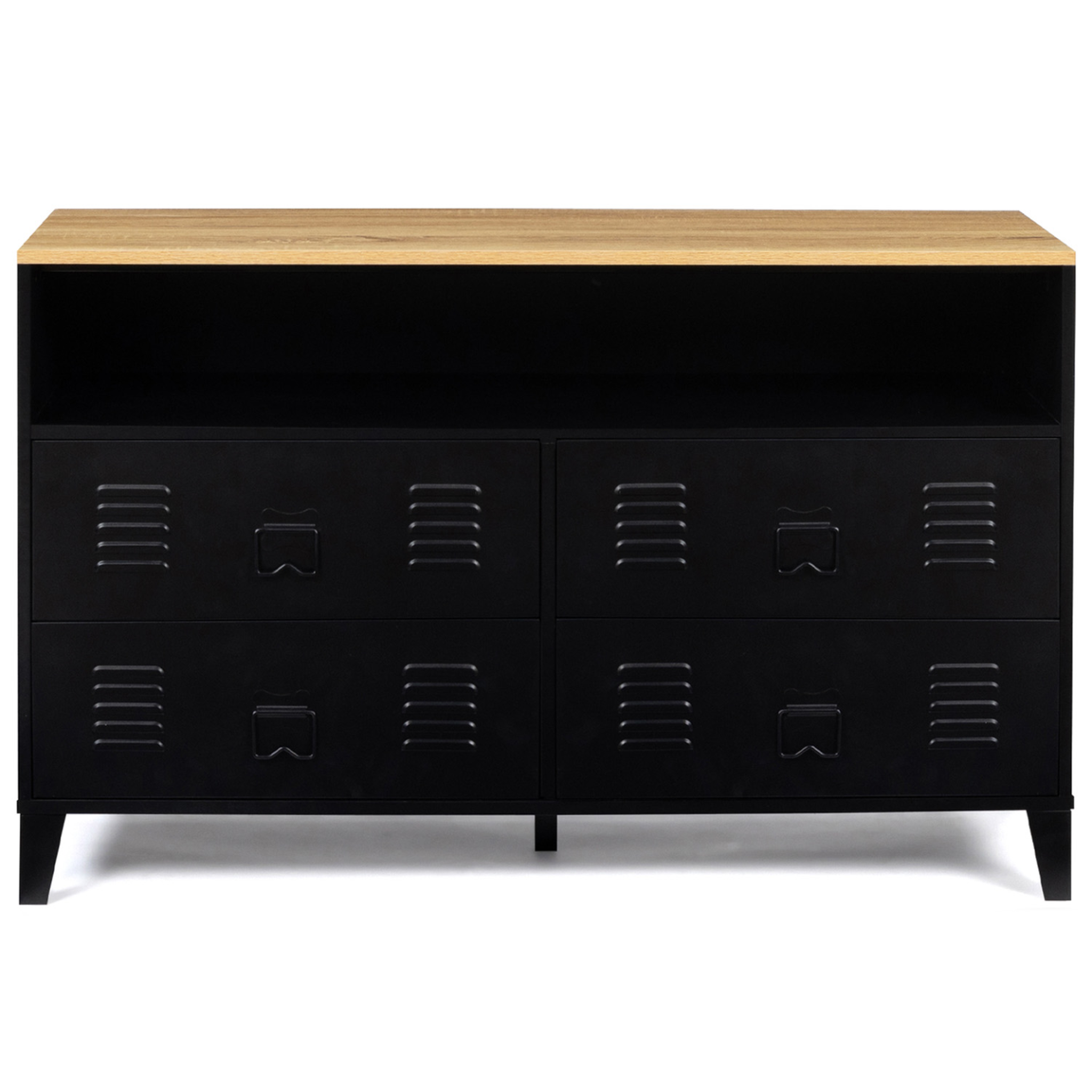 Voir la diapositive 3 : ID MARKET Commode 4 tiroirs ester 115 cm métal noir et plateau façon hêtre avec niche design industriel