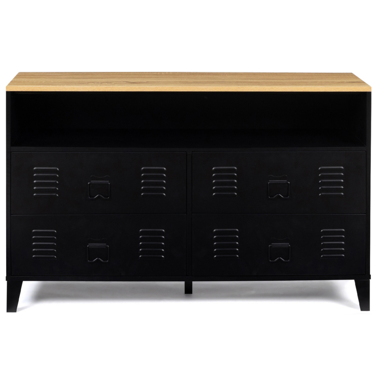 ID MARKET Commode 4 tiroirs ESTER 115 cm métal noir et plateau façon hêtre avec niche design industriel