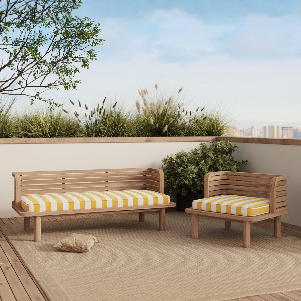 Rendez vous déco Canapé et fauteuil de jardin 3 places en teck massif, tissu rayé jaune-Kilda