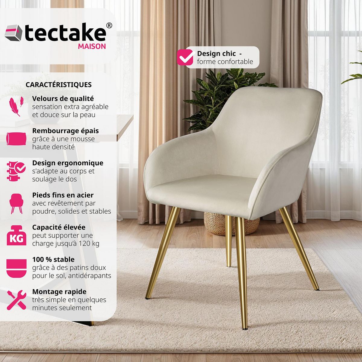 tectake Ensemble de 8 chaises rembourrées aspect velours crème et or