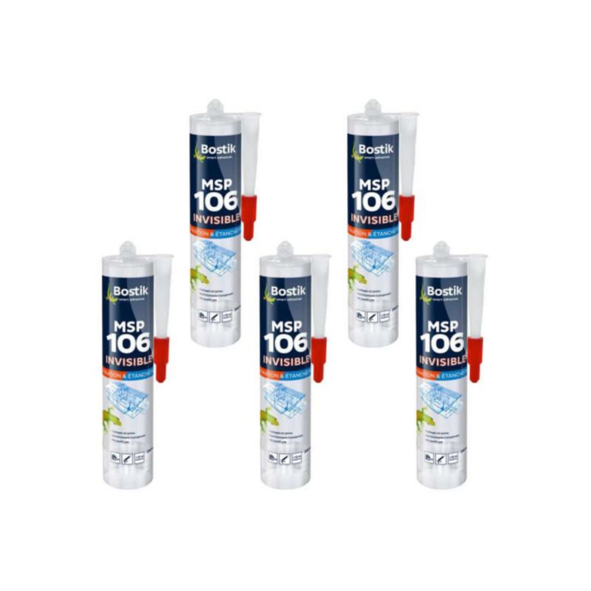 Bostik Lot de 5 mastics BOSTIK MSP 106 - Polymère fixation et étanchéité - transparent - 290 ml