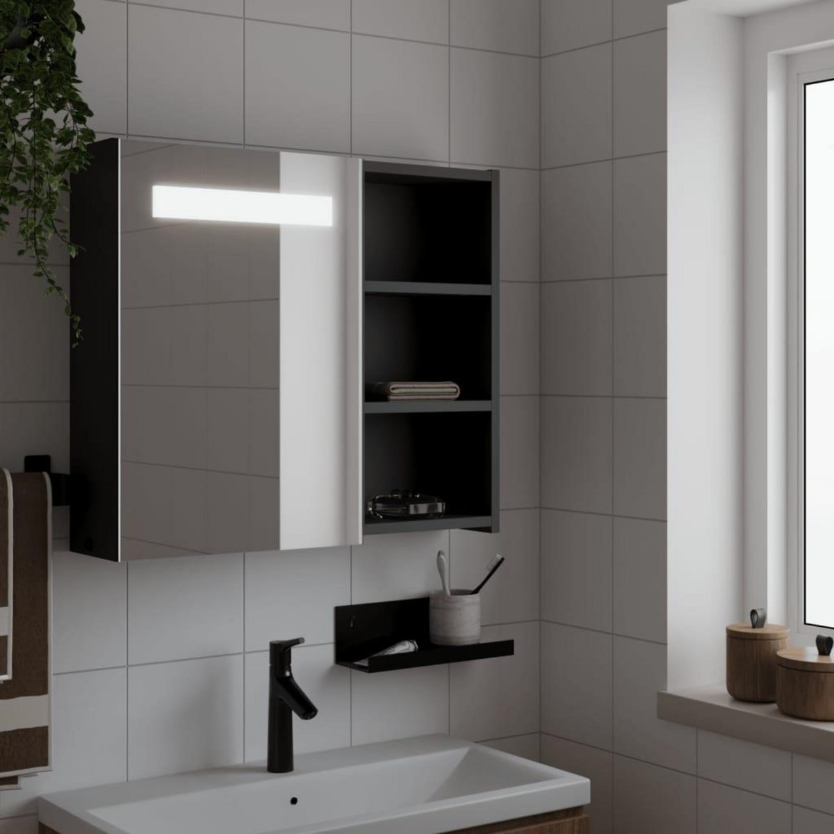 VIDAXL Armoire de salle de bain a miroir avec LED noir 60x13x52 cm