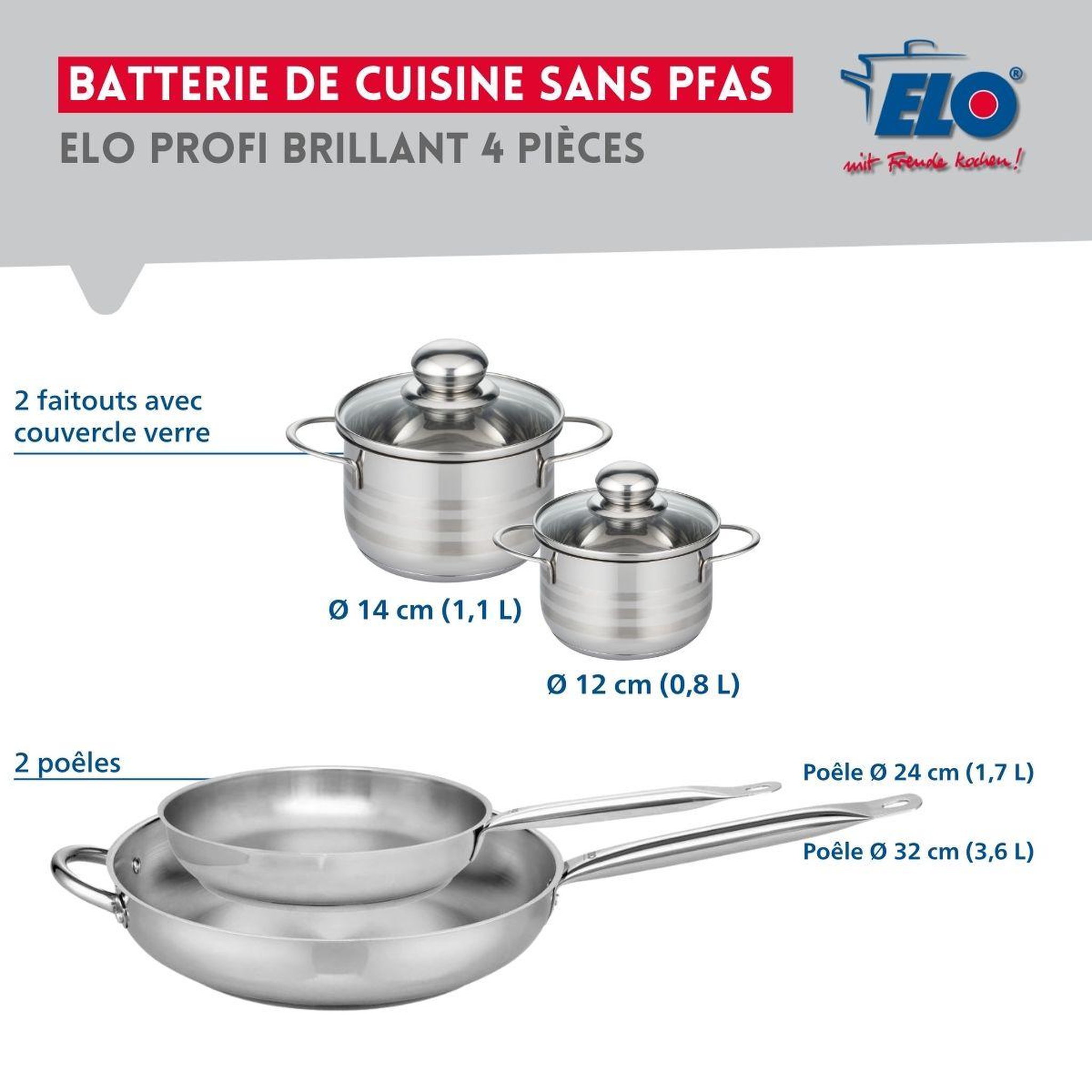 Voir la diapositive 2 : ELO Ensemble de 2 poêles de cuisson 24 et 32 cm et 2 faitouts 12 et 14 cm elo profi brillant